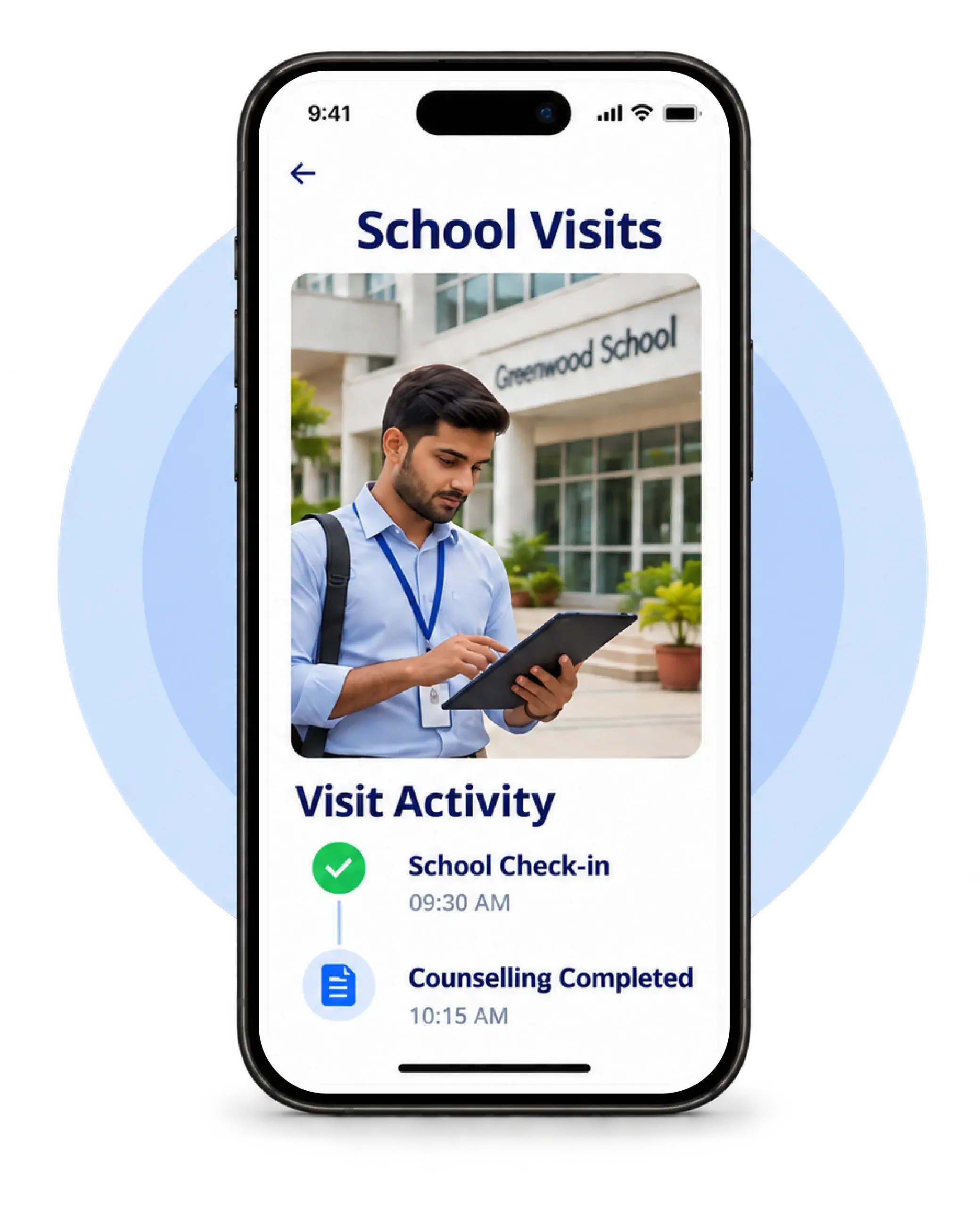 TrackOlap app on a phone showing a verified school check-in and completed counselling session for a rep at a school