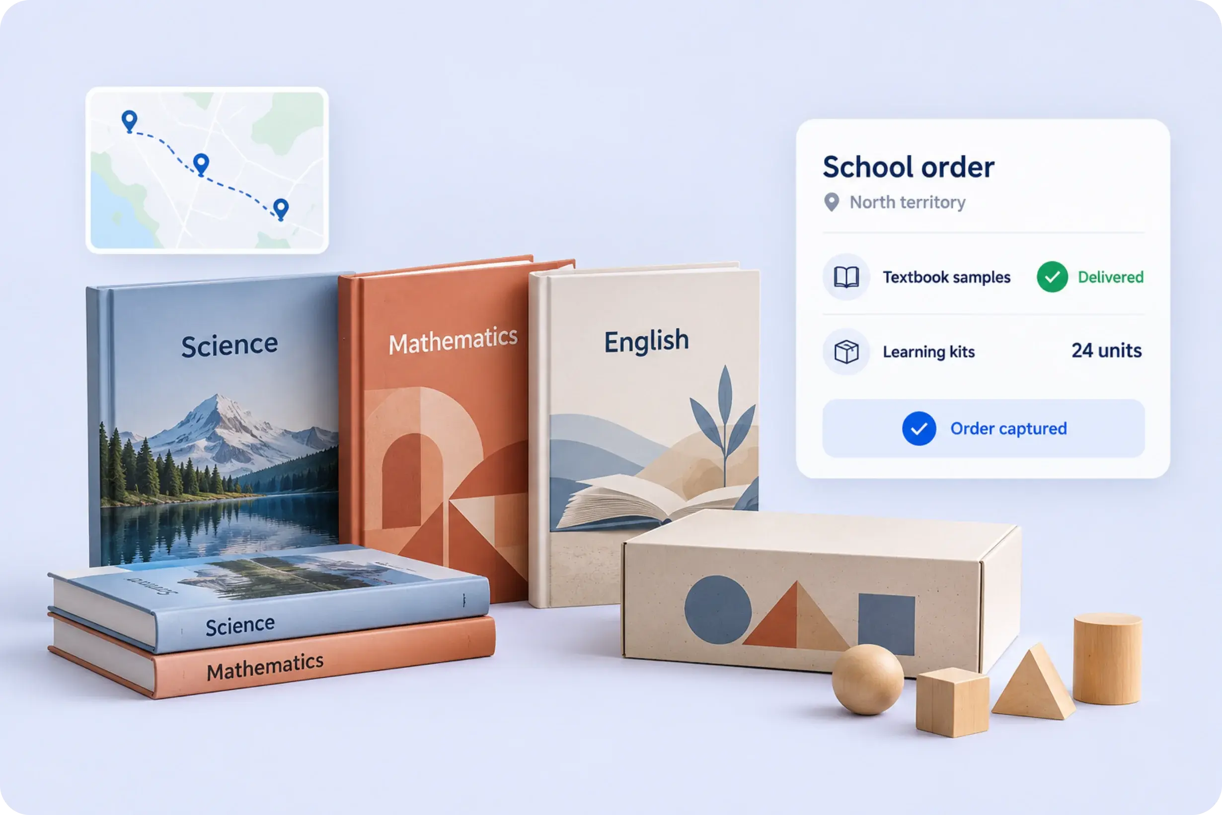Textbooks and a learning kit beside a territory route map and a captured school order