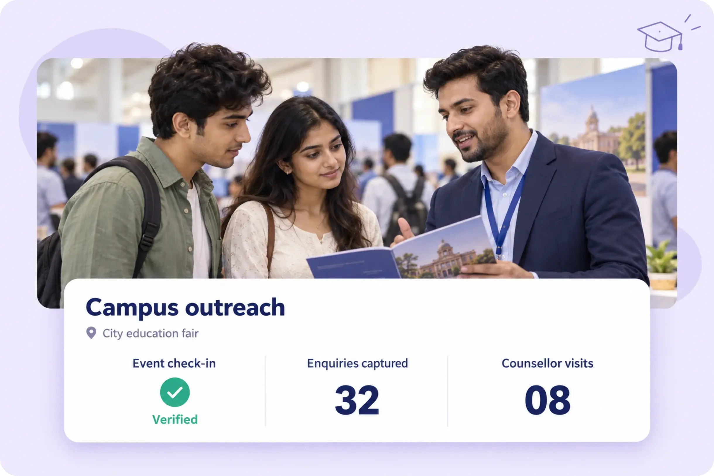 Admissions counsellor showing a college brochure to students at an education fair, with event check-in and enquiries captured