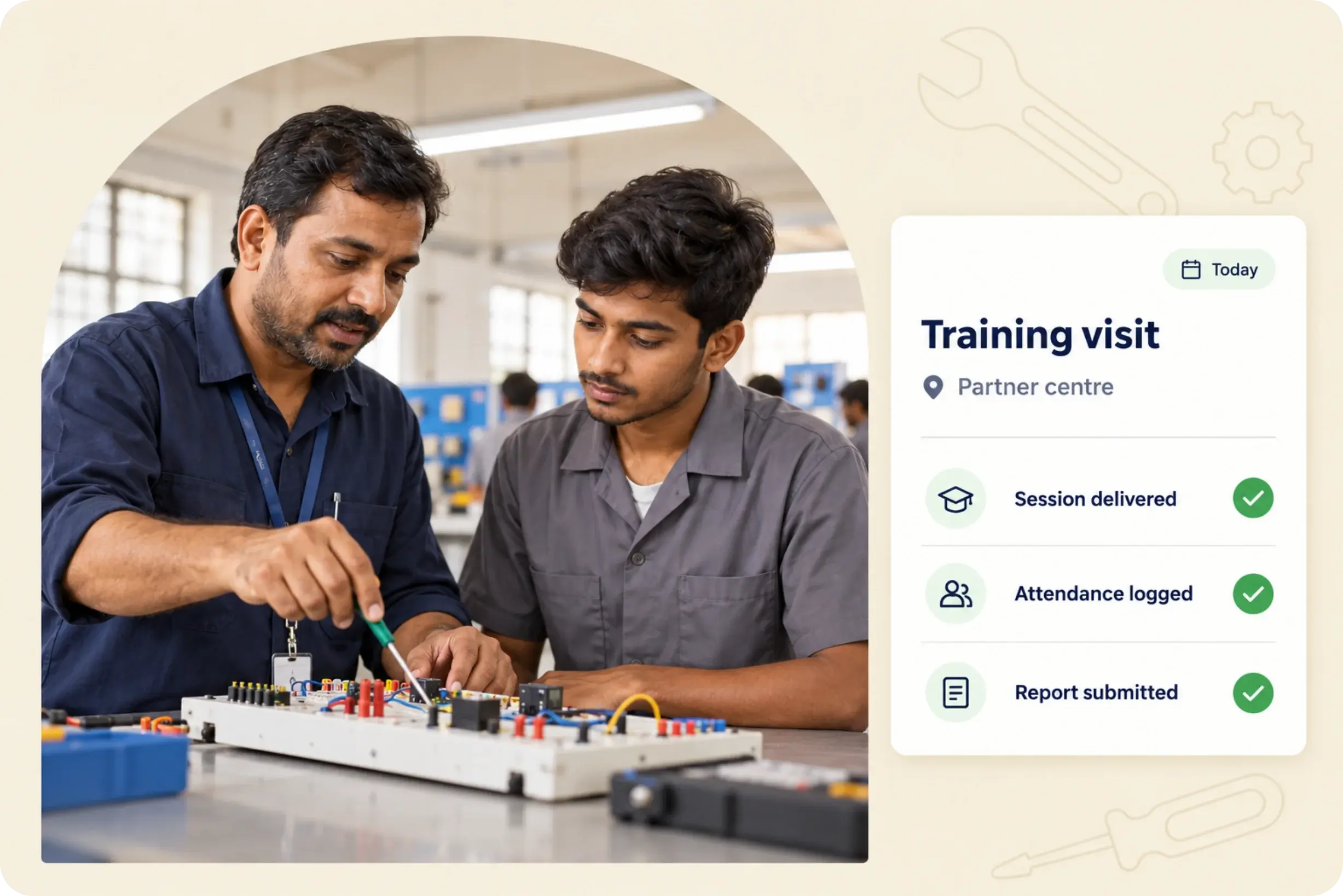Trainer guiding a student on an electronics workbench at a partner centre, with the session, attendance and report logged