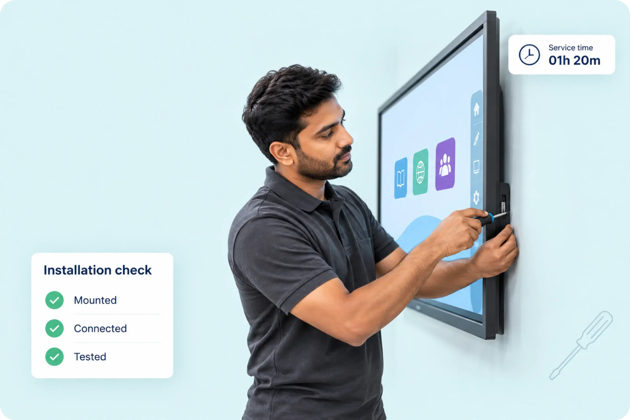 Technician mounting a classroom smart board, with an installation checklist and logged service time