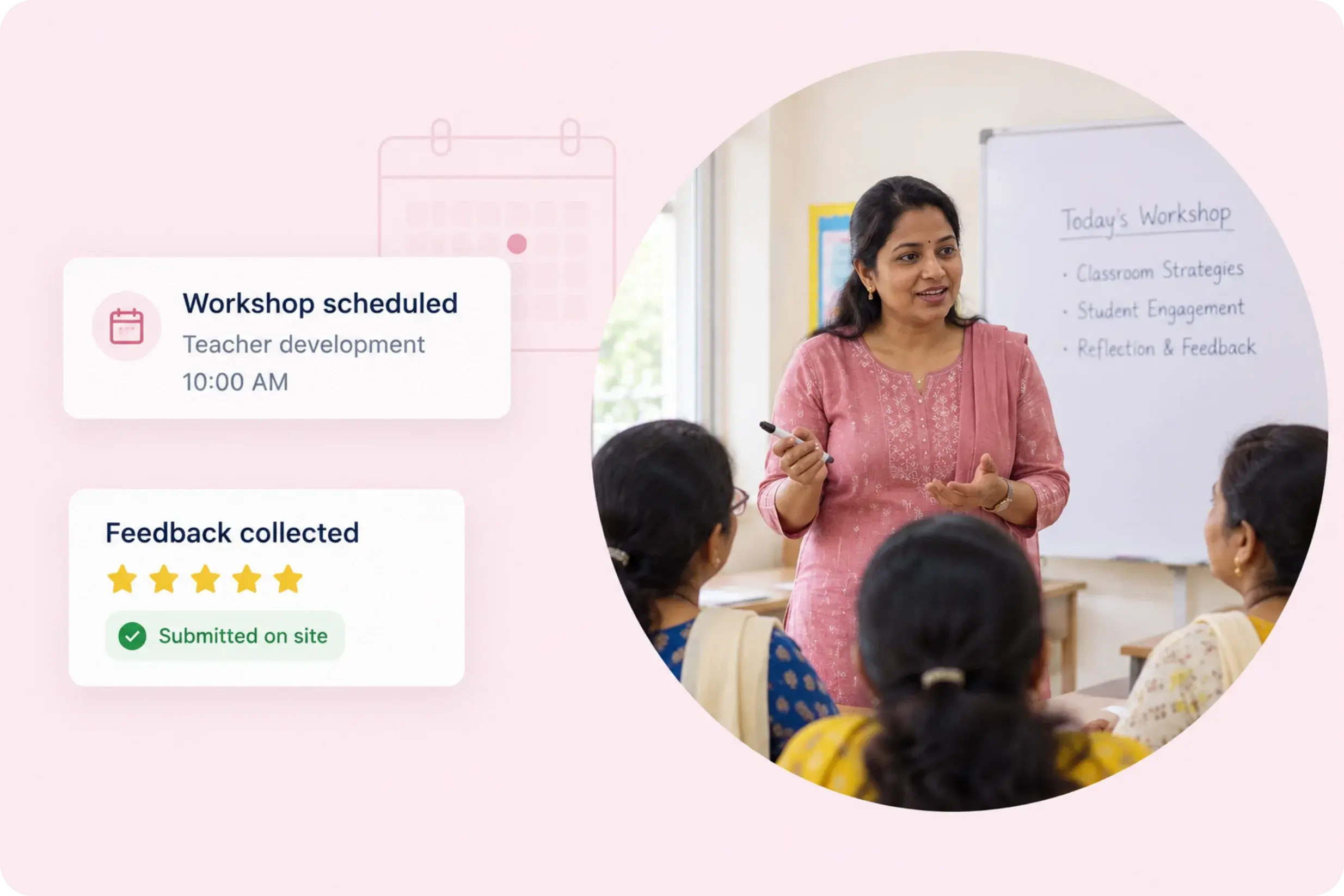 Academic coordinator leading a teacher development workshop, with the workshop scheduled and feedback collected on site