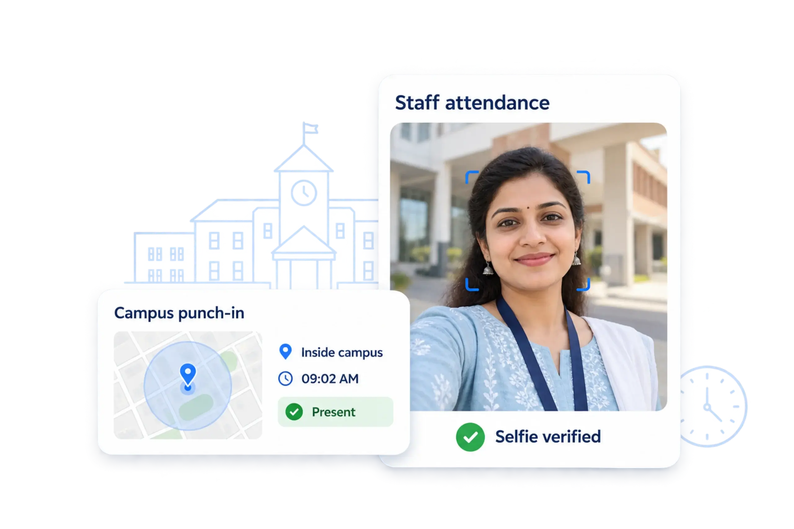 Staff attendance with a campus geofence punch-in and selfie verification