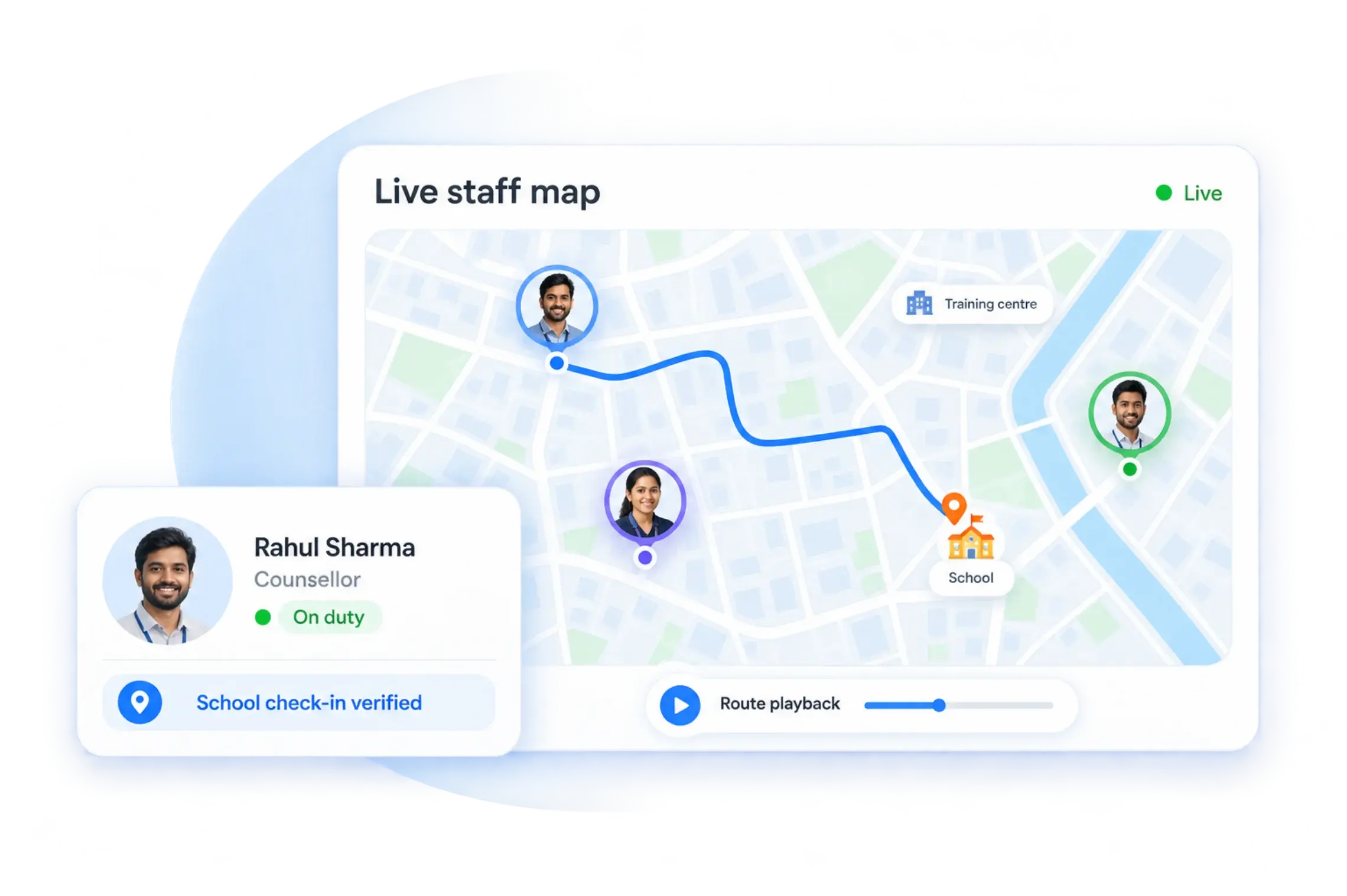Live staff map with route playback and a verified school check-in by a counsellor