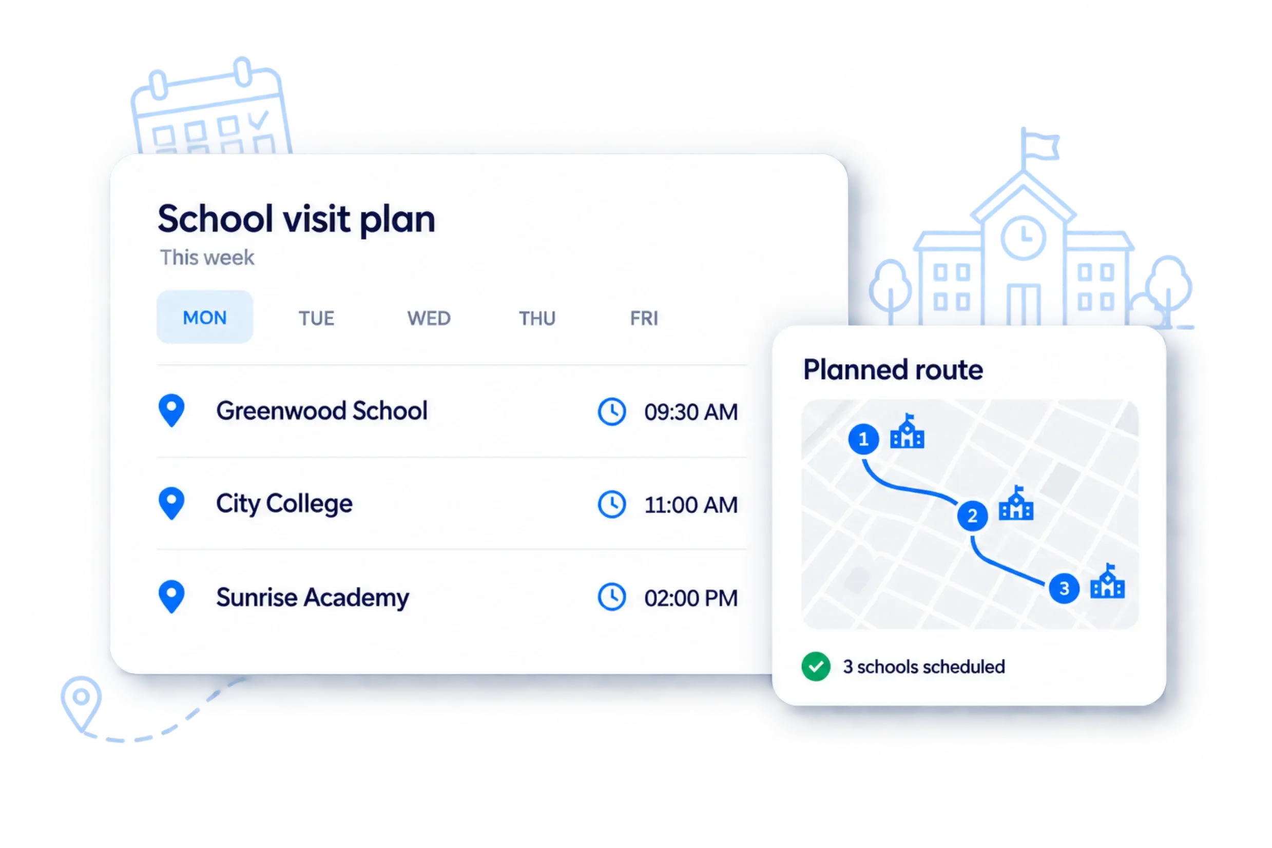 Weekly school visit plan with the planned route across three schools