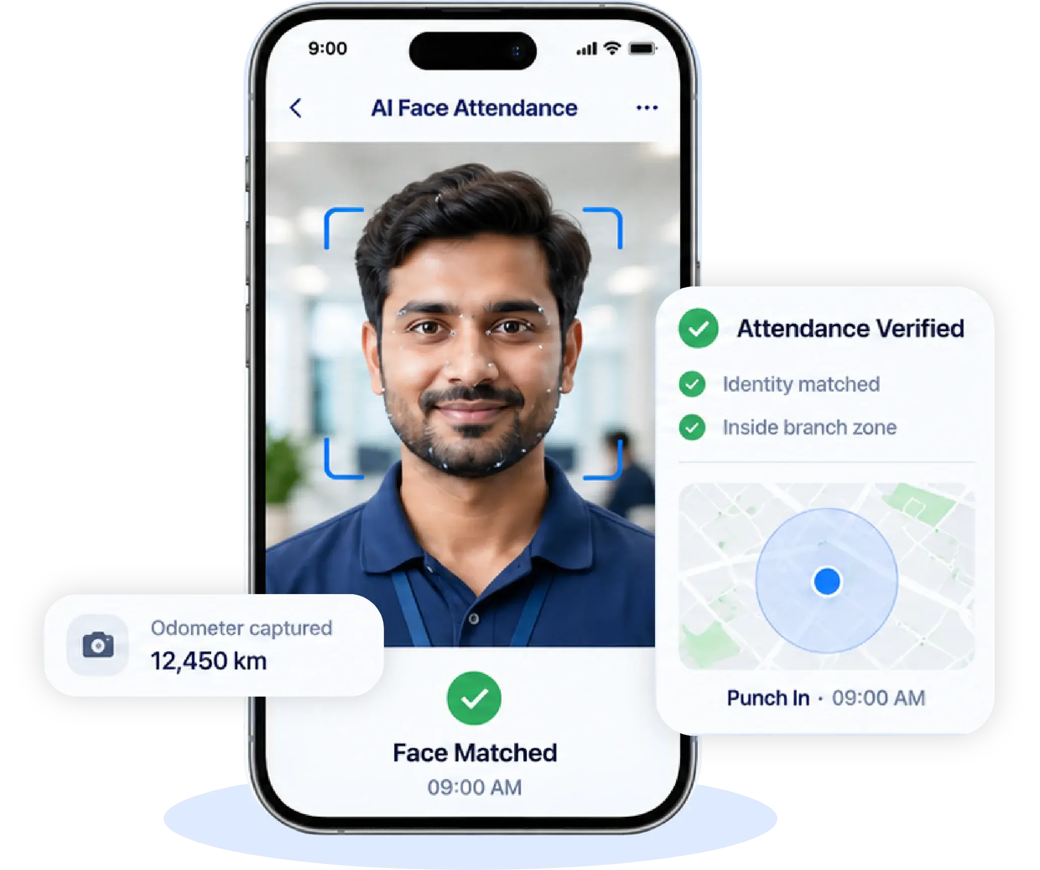AI face recognition attendance for finance field agents inside a branch geo-fence
