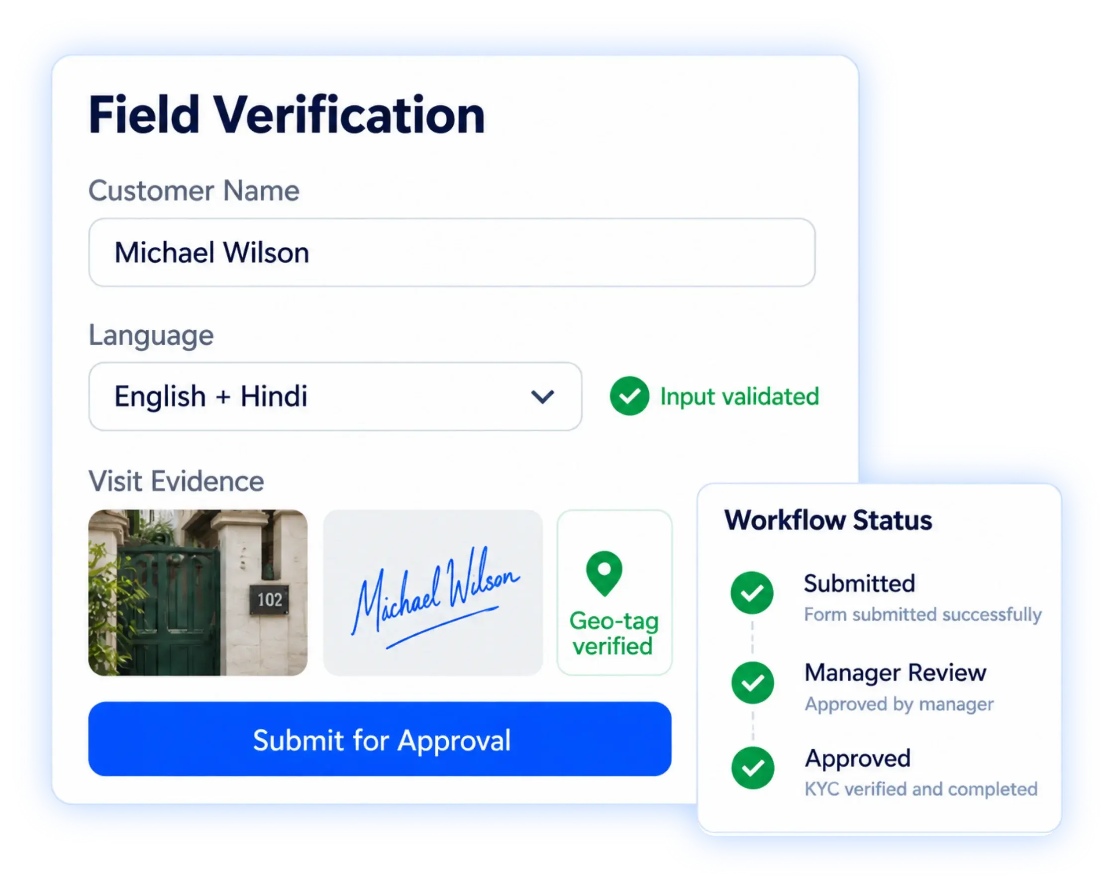 No-code KYC, field investigation and PTP capture forms with photos and geo-tags