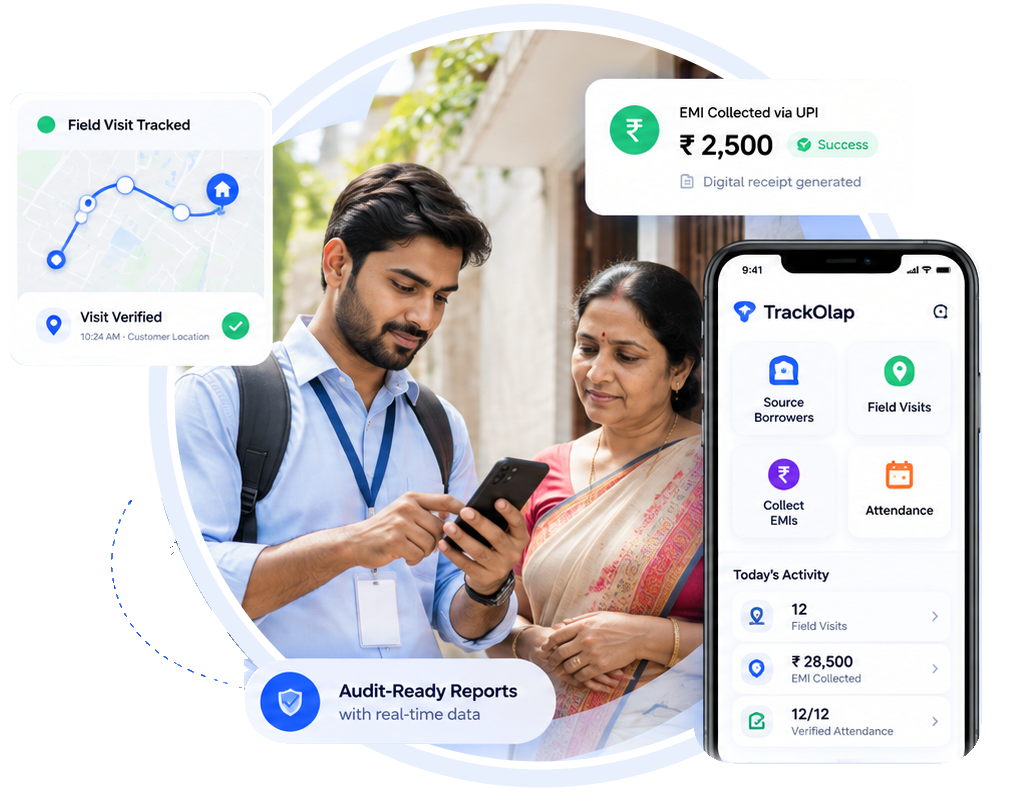 Loan officer collecting an EMI via UPI with a verified field visit and the TrackOlap app