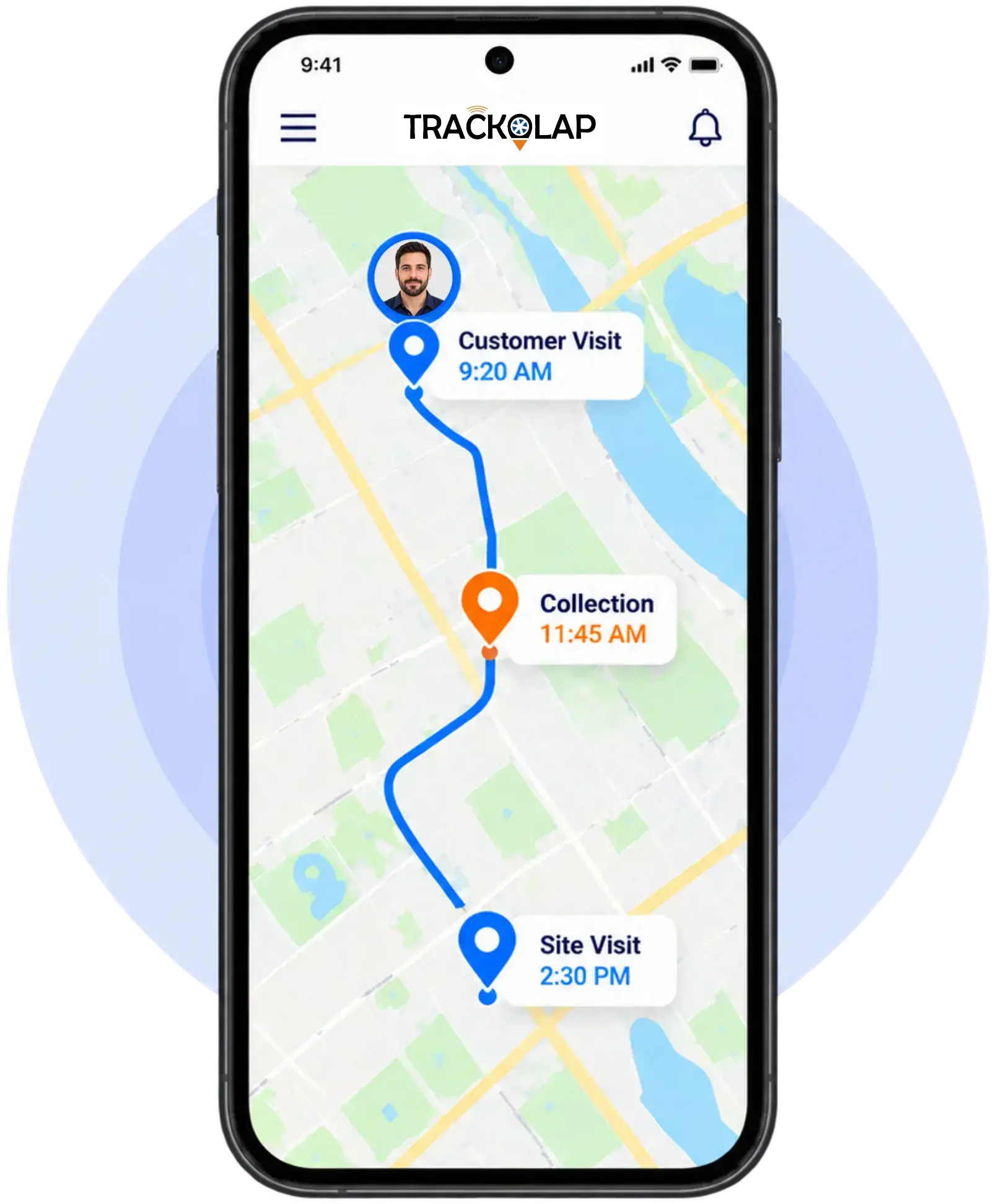 TrackOlap app showing a field officer's live route with a customer visit, a collection and a site visit, each time-stamped