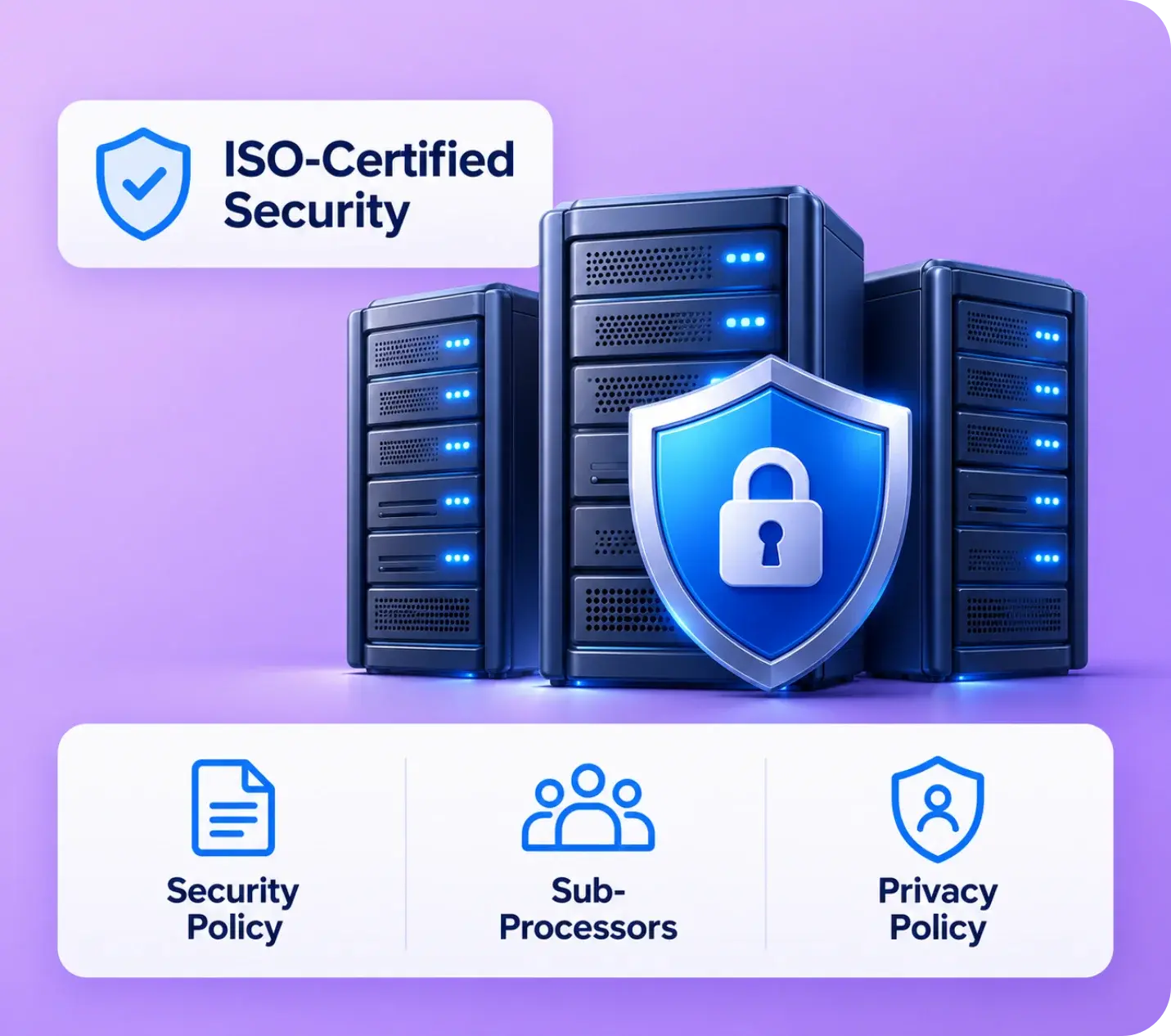 ISO-certified secure servers with links to the security policy, sub-processors and privacy policy