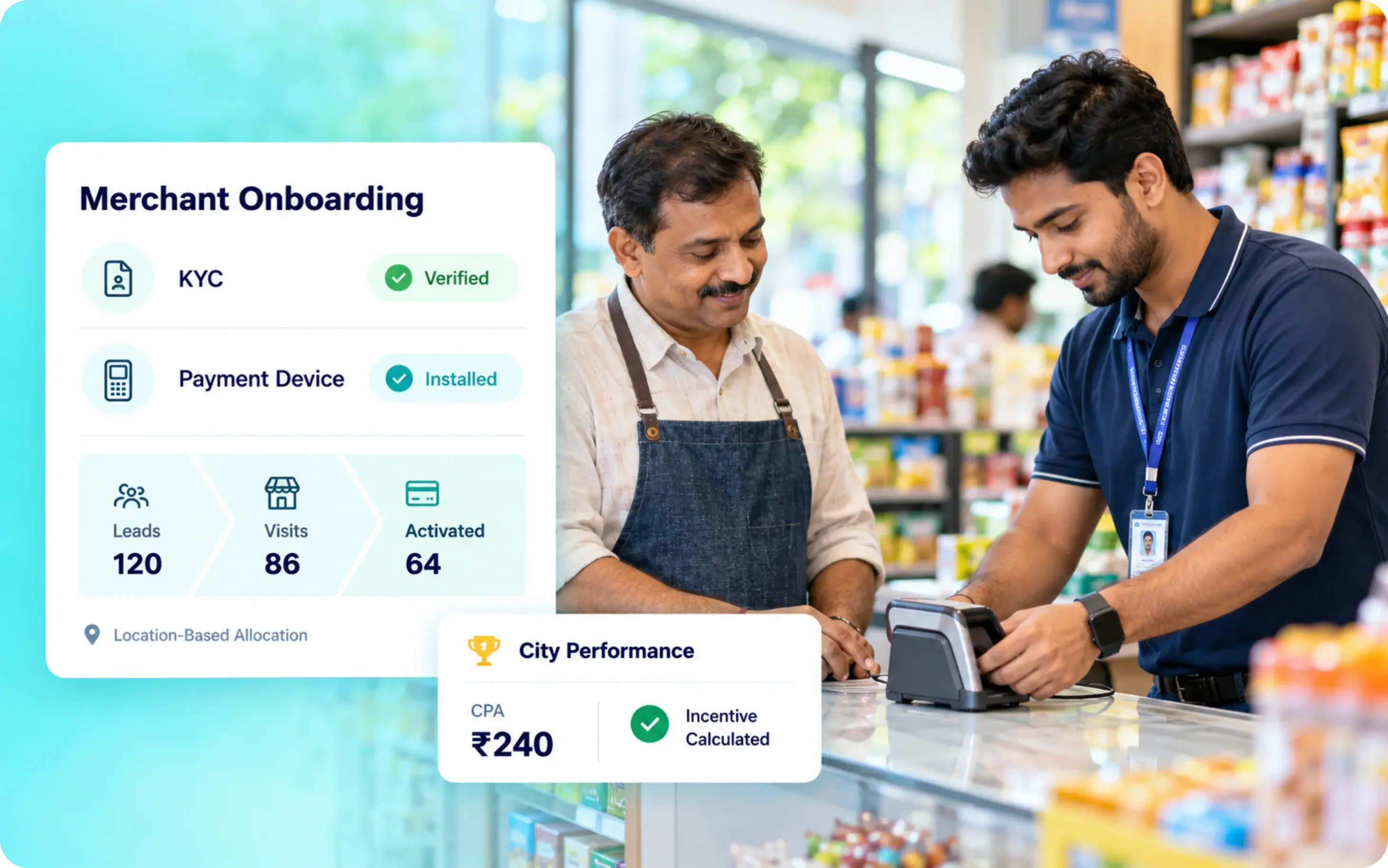 Fintech merchant onboarding and card sales field team management