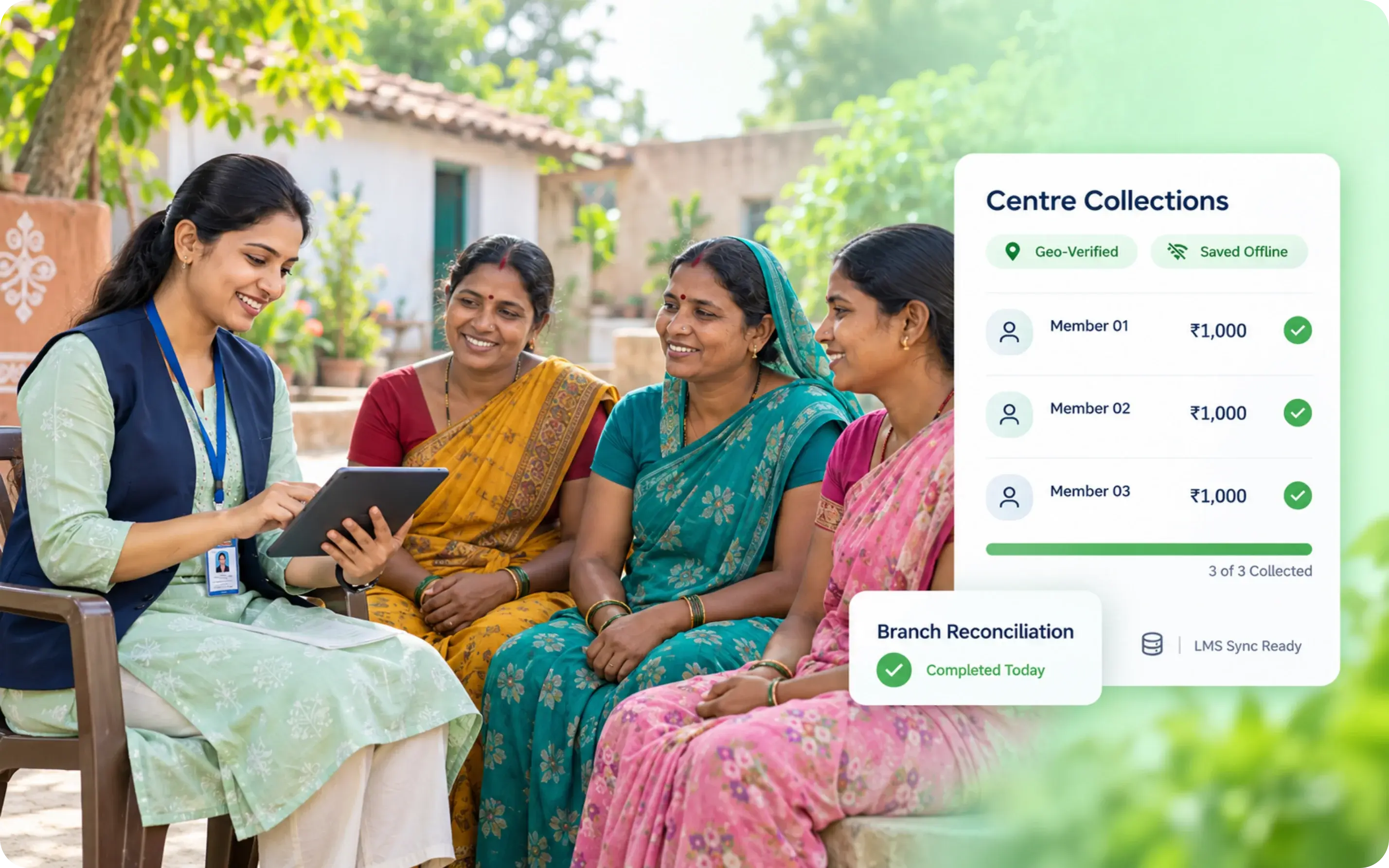 Microfinance loan officer running a geo-verified centre collection with offline member payments and branch reconciliation