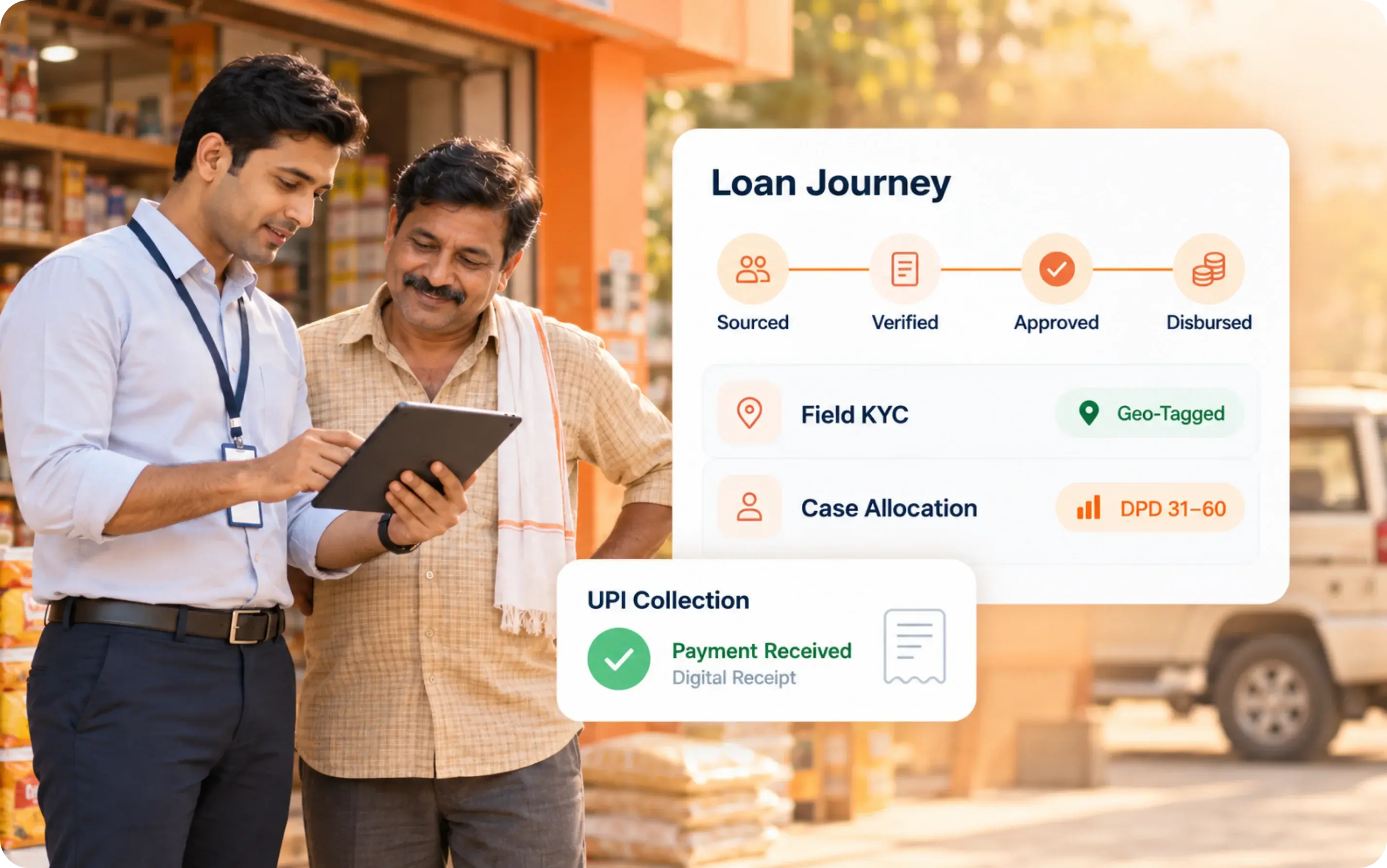 NBFC loan officer doing field KYC with a shopkeeper, with loan journey, case allocation and UPI collection