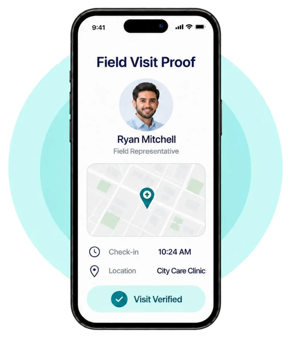 Phone showing a healthcare field representative's GPS-verified clinic visit