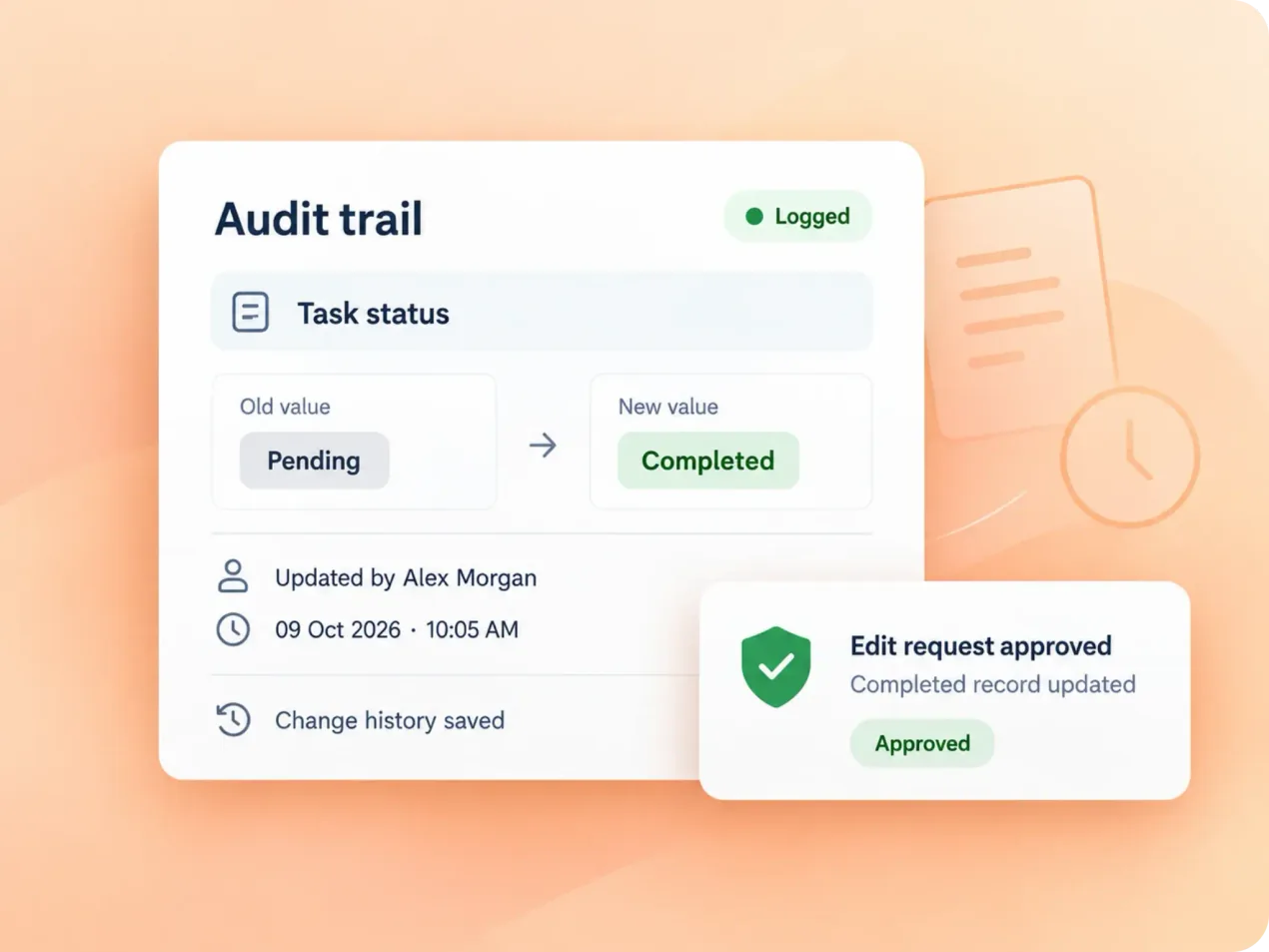 Audit log of edits, approvals and claims