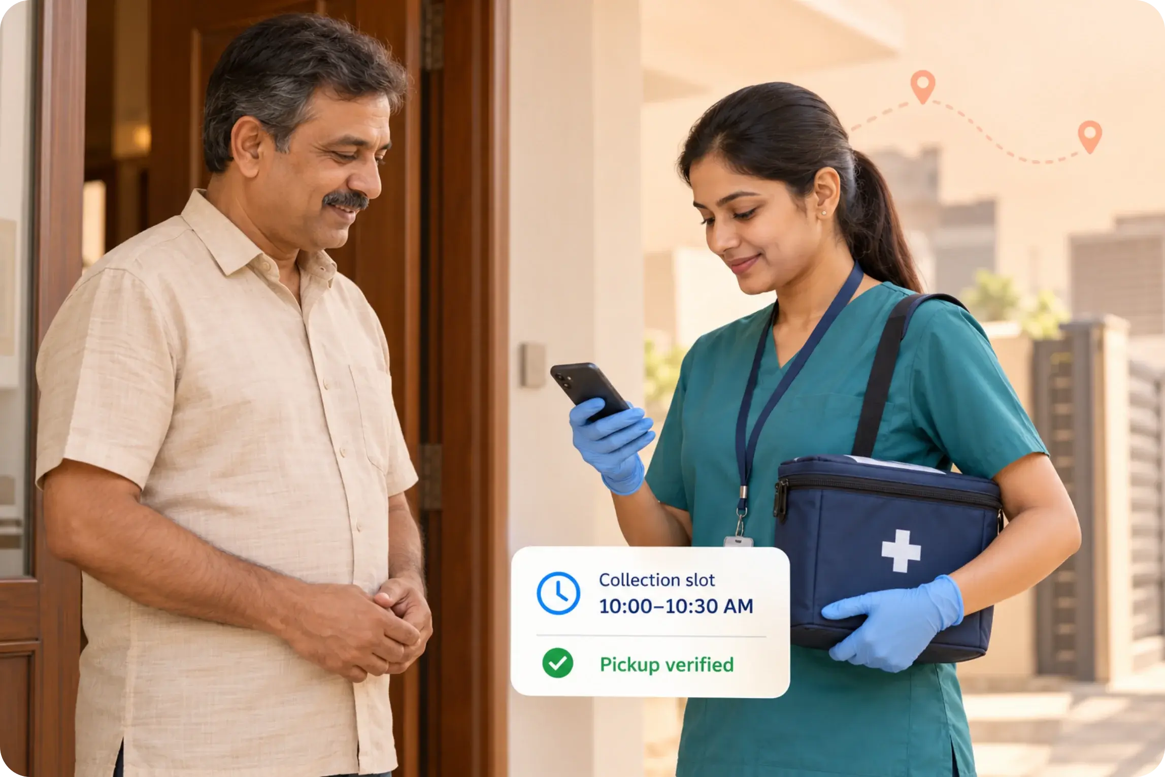 Phlebotomist at a patient's door checking a collection slot and verified sample pickup