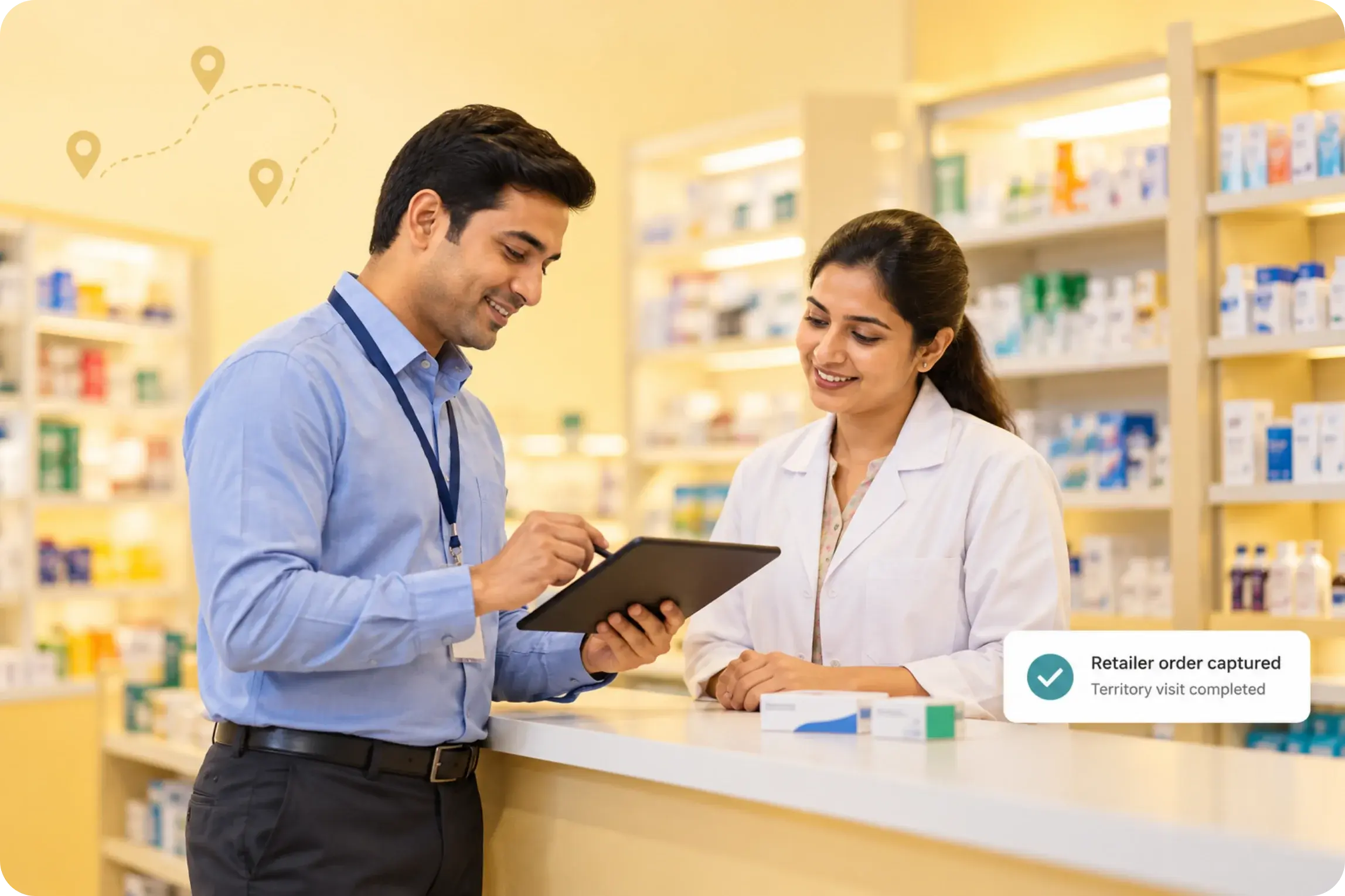 Healthcare distributor representative captures a retailer order at a pharmacy counter