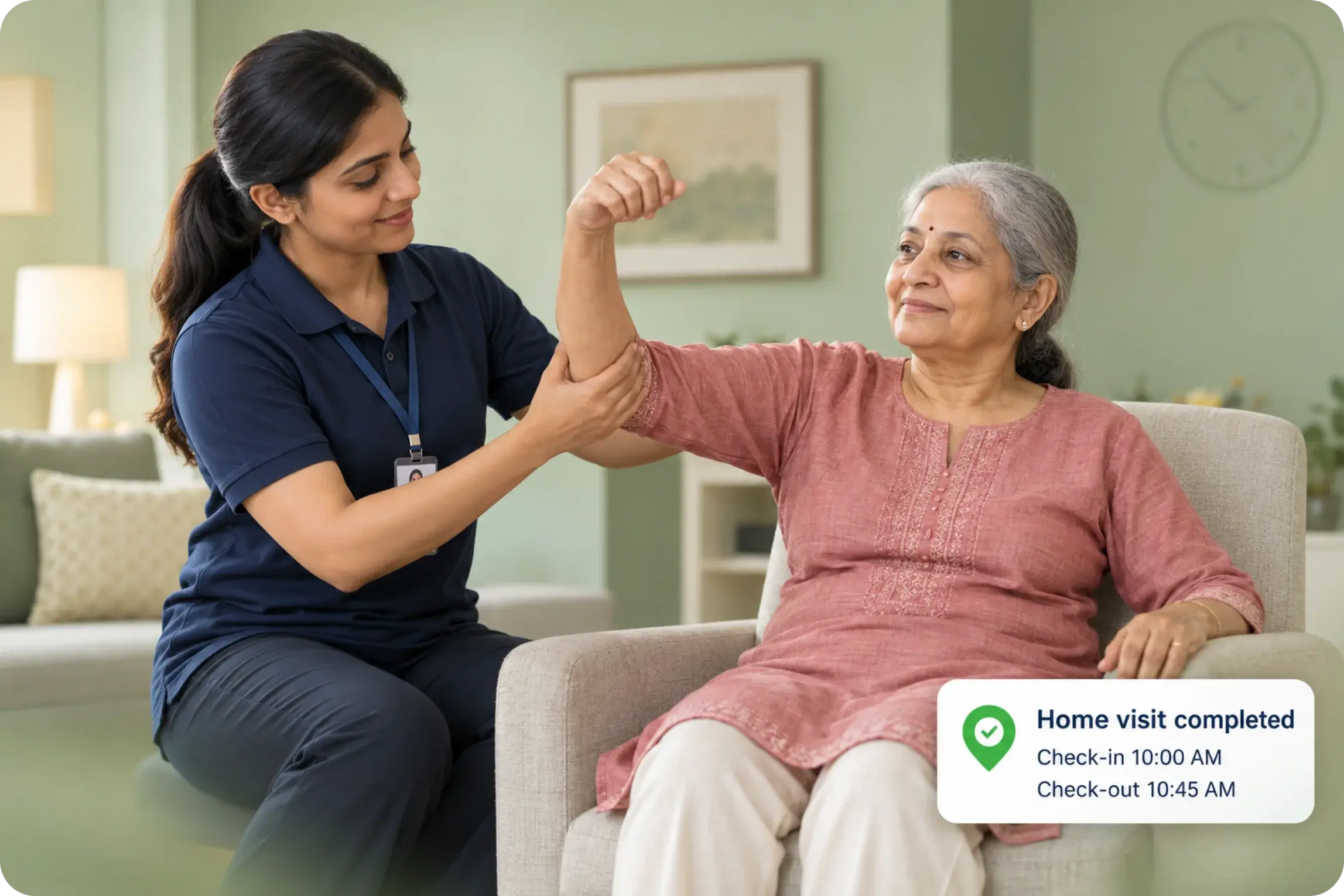 Home healthcare worker assists a patient with a completed visit and check-in and check-out times