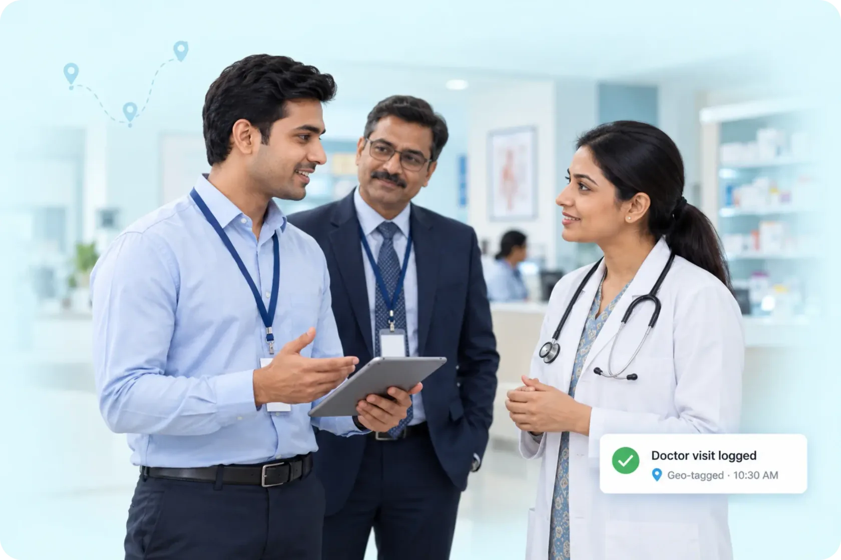 Pharmaceutical representative logs a geotagged doctor visit while meeting with a physician and manager
