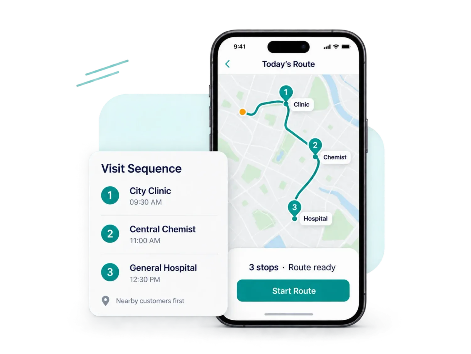 Today's route on a phone with clinic, chemist and hospital visits in order, beside the visit sequence with times