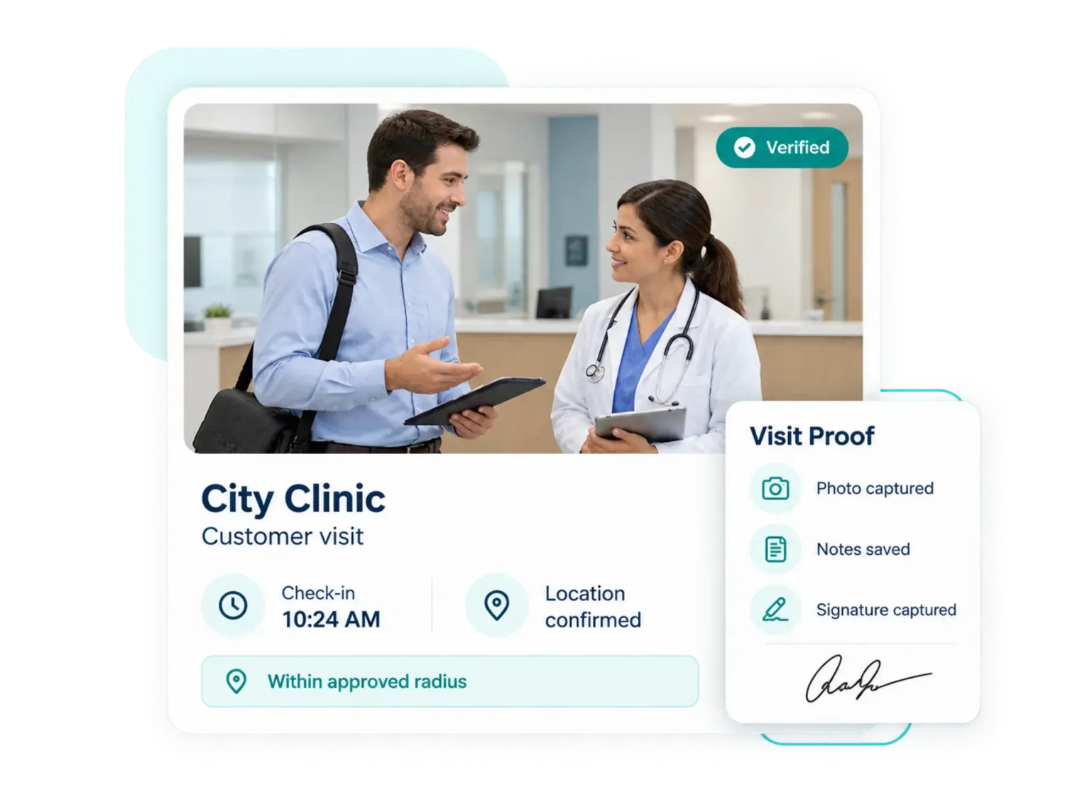 Verified customer visit at a clinic with check-in time, location confirmed within the approved radius, and photo, notes and signature captured