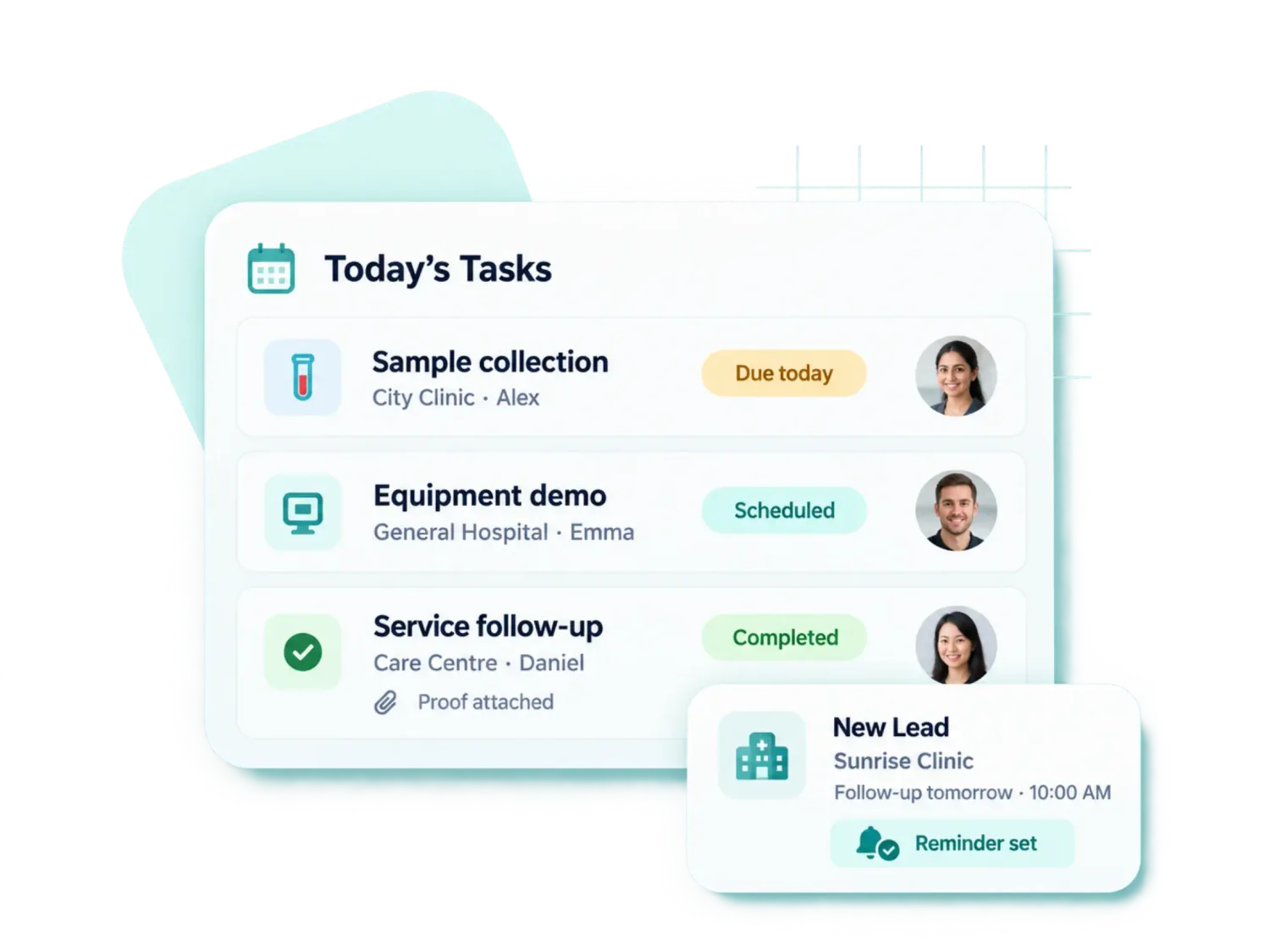 Time-stamped timeline of a field rep's tasks and follow-ups