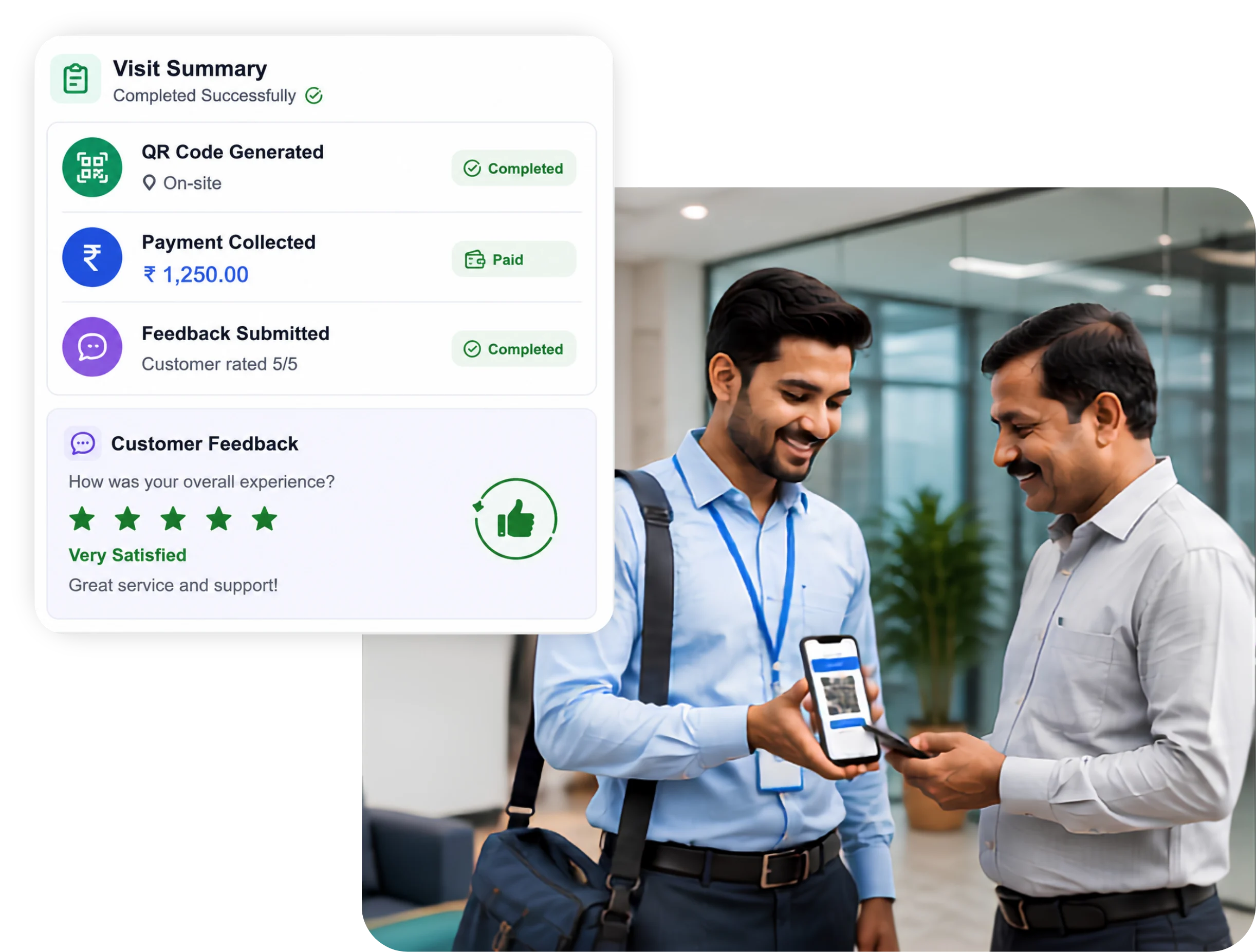 TrackOlap visit summary showing QR payment collection and customer feedback