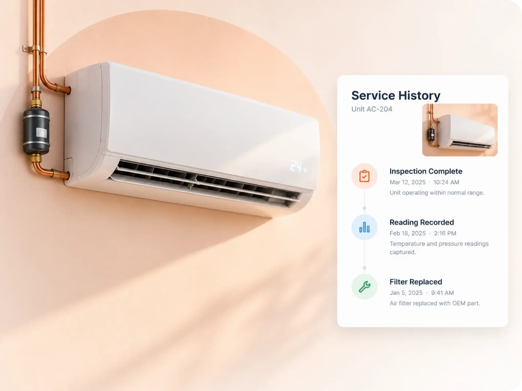 Wall-mounted AC unit beside its service history: inspection complete, temperature and pressure readings recorded, and filter replaced