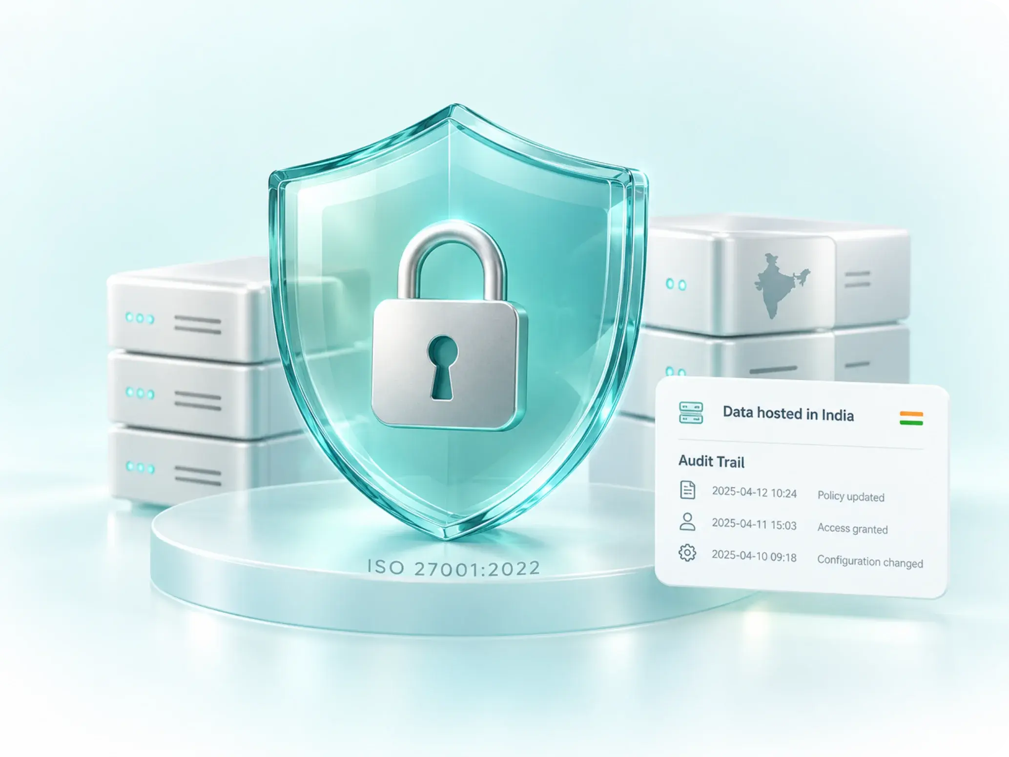 Shield and padlock on an ISO 27001:2022 platform, with data hosted in India and an audit trail of policy, access and configuration changes