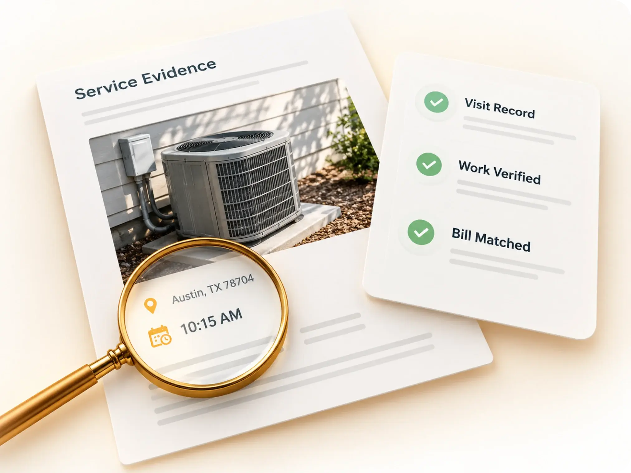 Service evidence for a disputed visit: timestamped, geo-tagged photo of the outdoor AC unit, with the visit record, work verified and bill matched