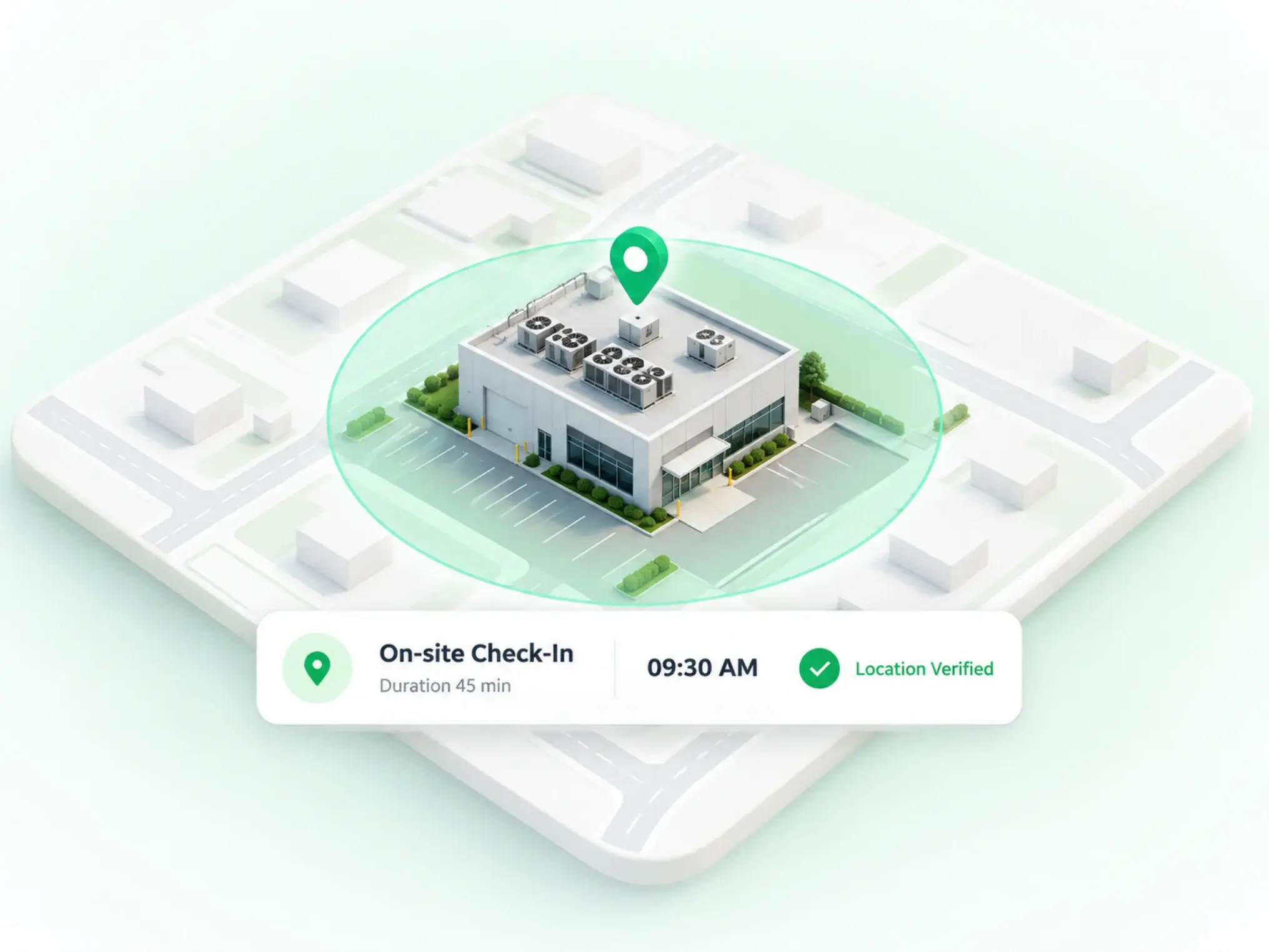 Geo-fence around a job site building with an on-site check-in at 9:30 AM, location verified and a 45-minute visit duration