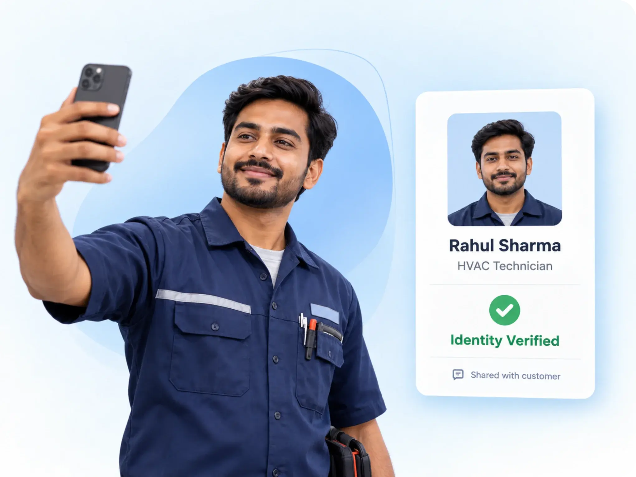 HVAC technician taking a selfie to verify identity, with the technician's name and photo shared with the customer as identity verified