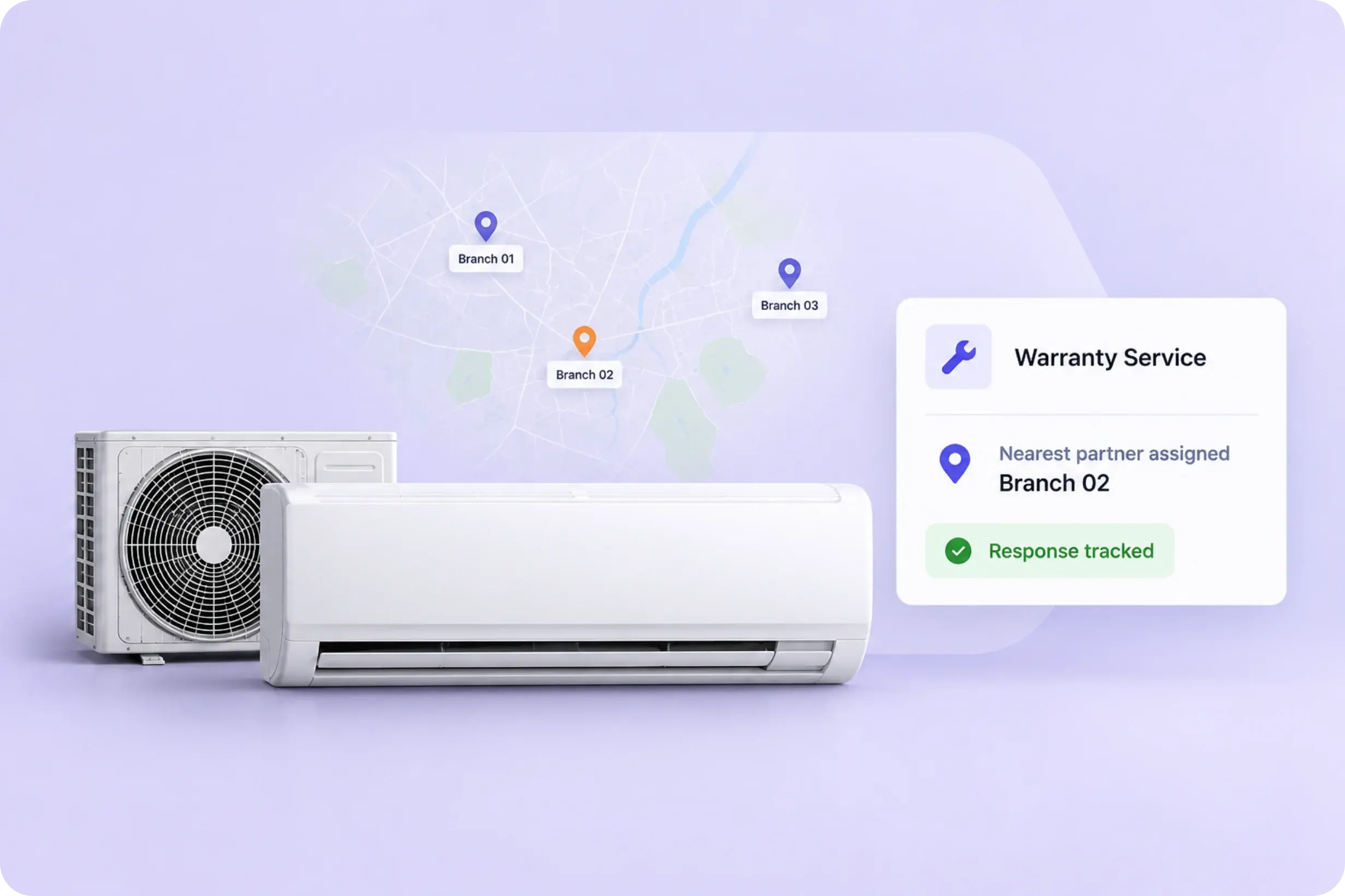 Split AC indoor and outdoor units with a warranty service call assigned to the nearest partner branch and its response tracked