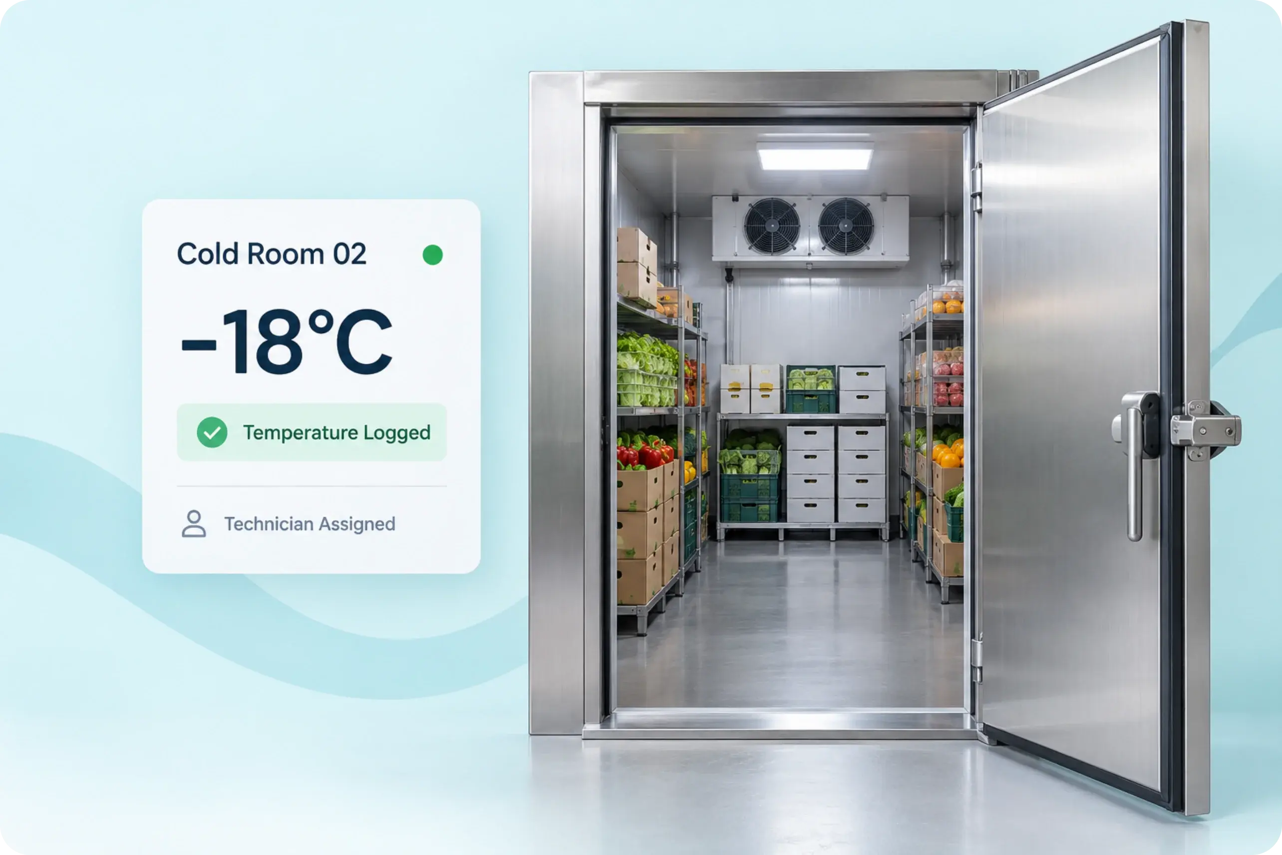 Walk-in cold room of fresh produce, with its -18°C temperature reading logged and a technician assigned