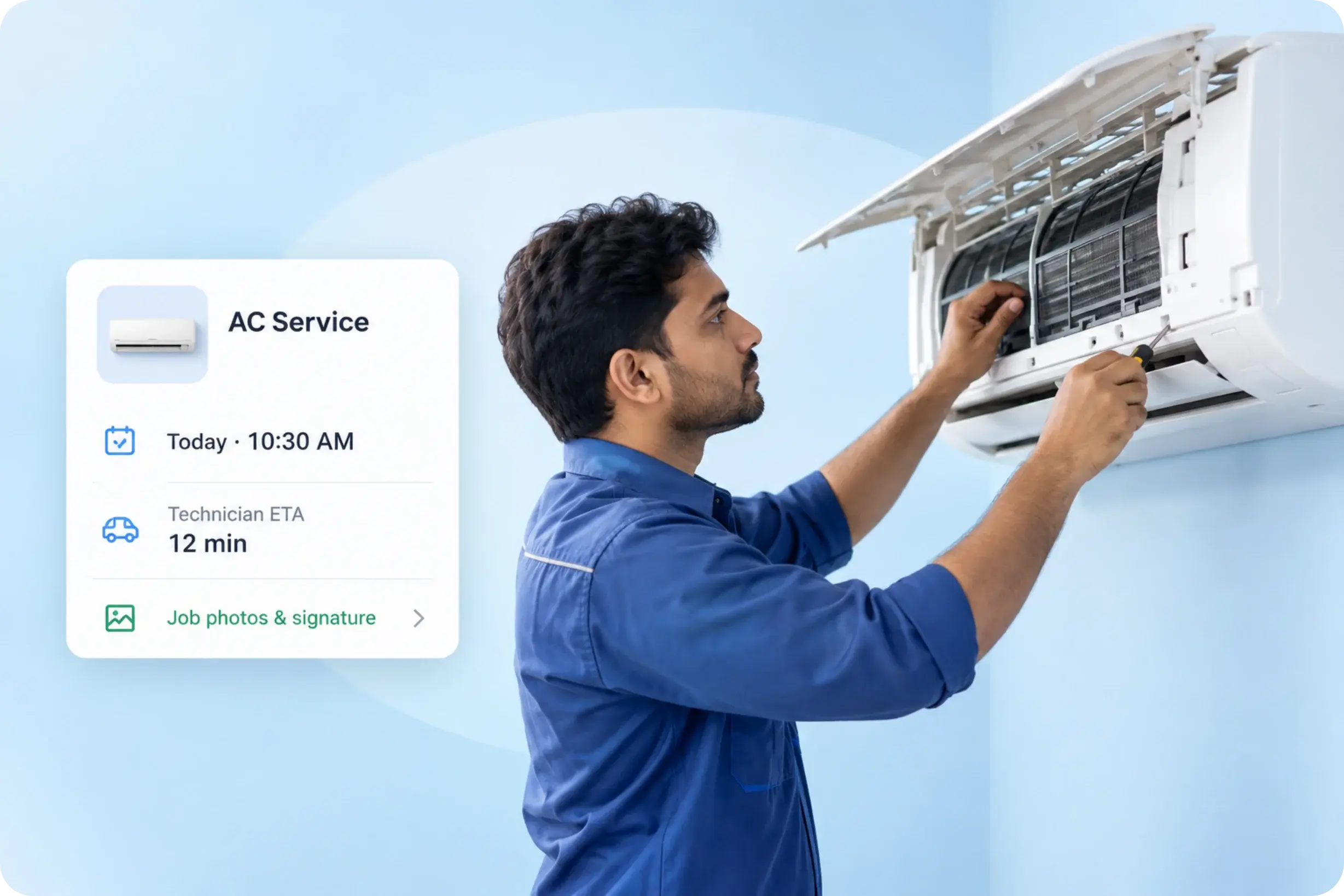 Technician servicing a home split AC, with the booked slot, live technician ETA of 12 minutes and job photos and signature