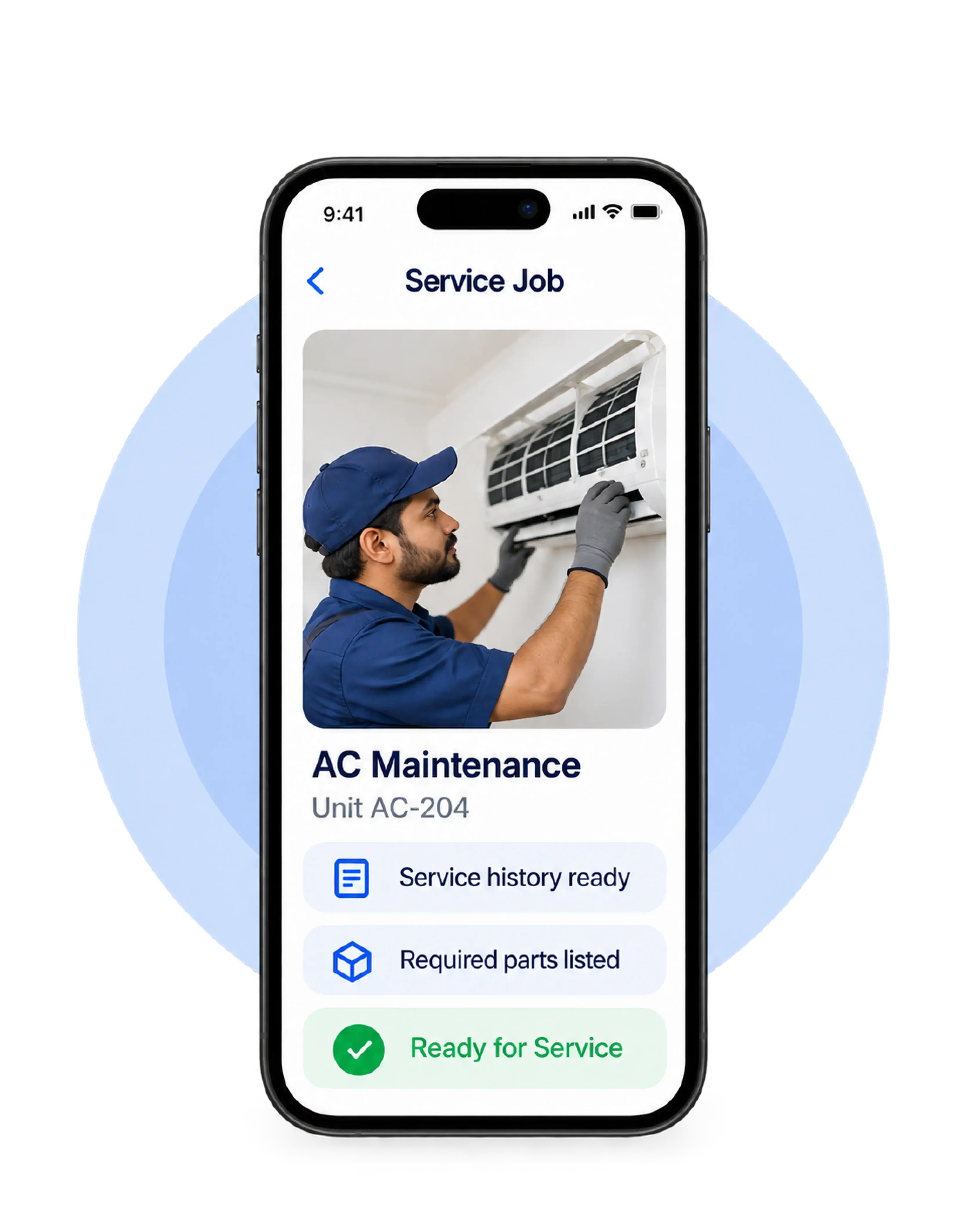 TrackOlap app on a phone showing an AC maintenance job for unit AC-204 with service history ready, required parts listed and ready for service