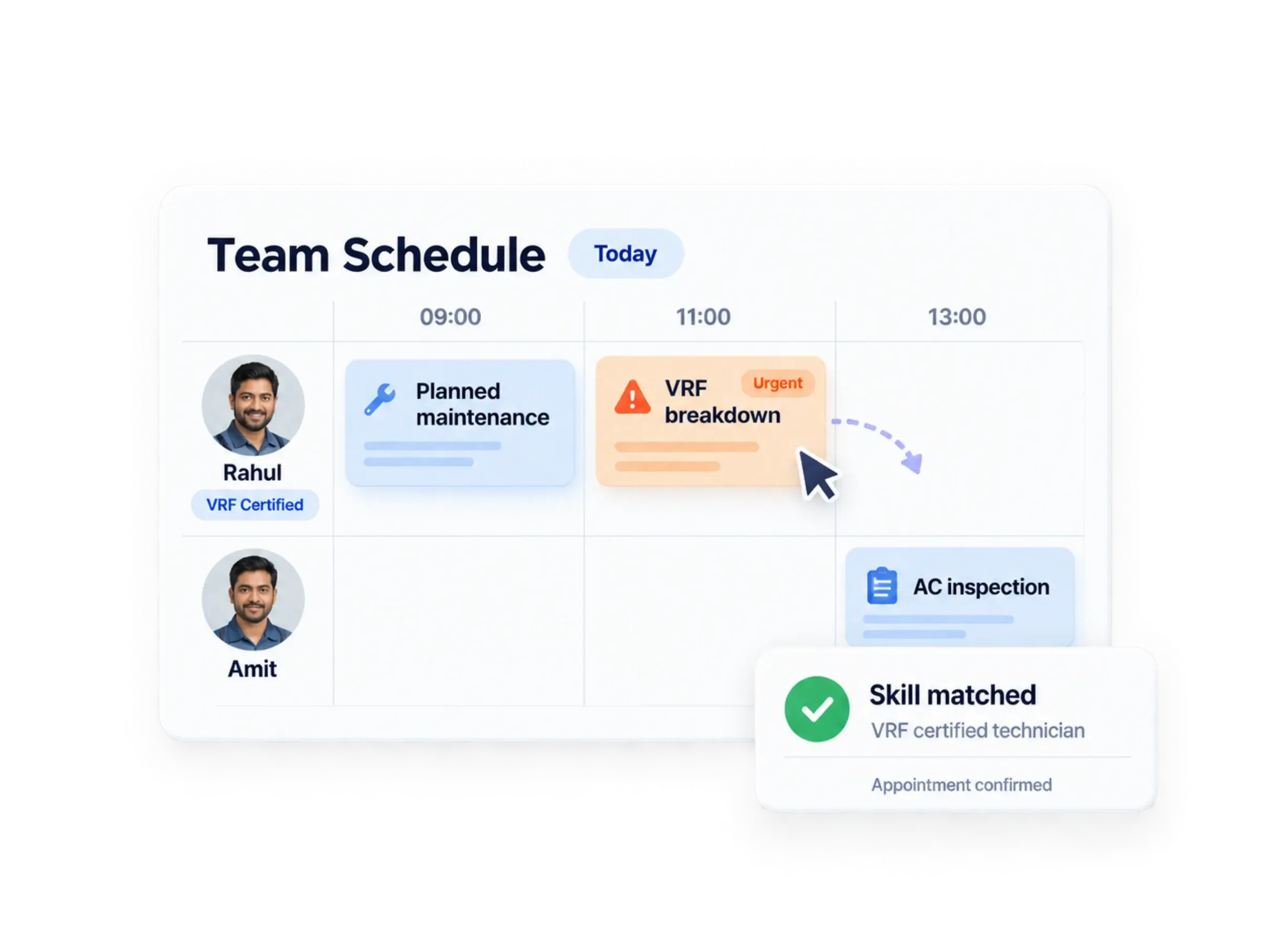 Team schedule moving an urgent VRF breakdown to a VRF-certified technician, with the skill match and appointment confirmed