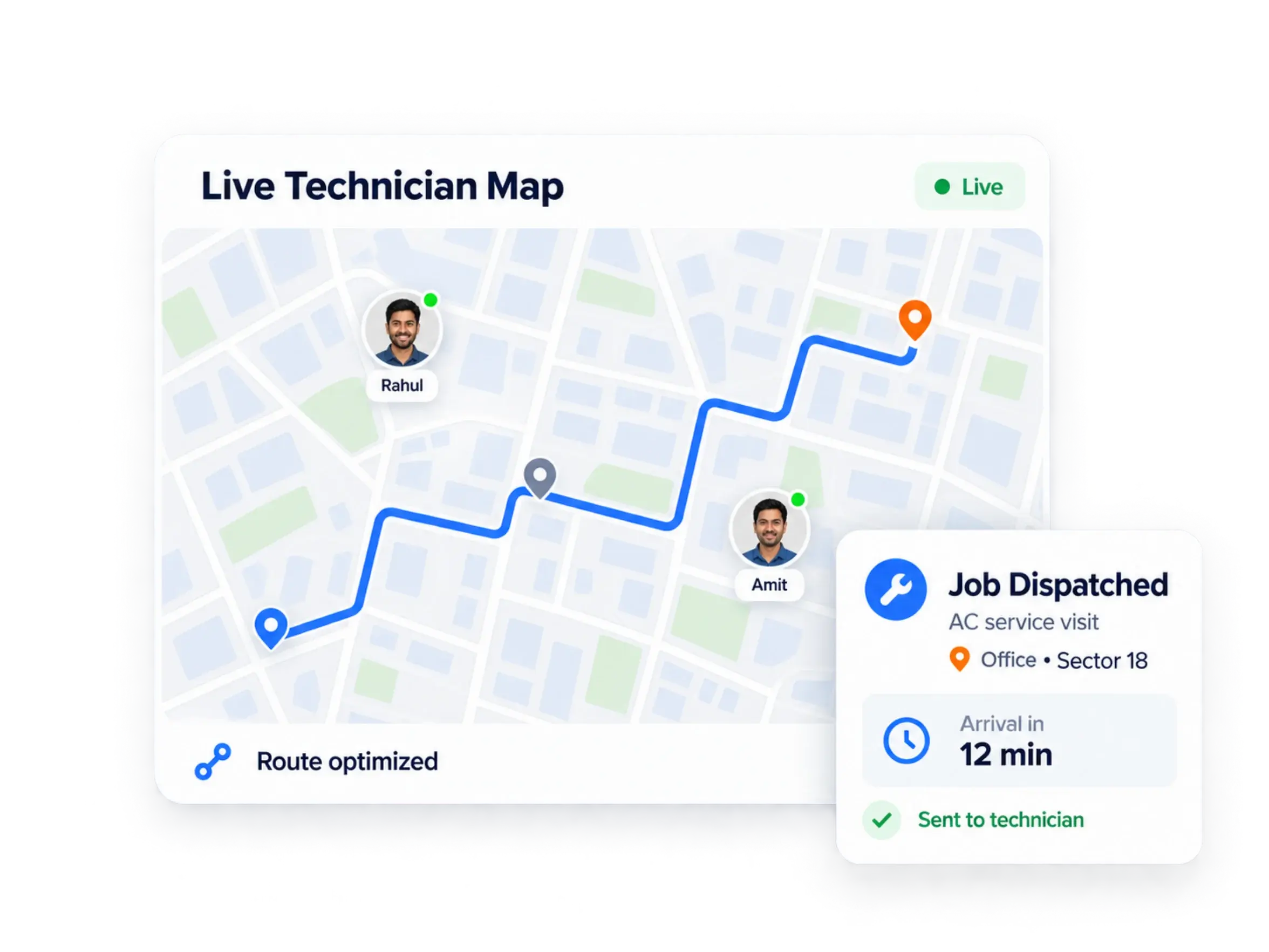 Live technician map with an optimised route and an AC service visit dispatched to the technician, arriving in 12 minutes