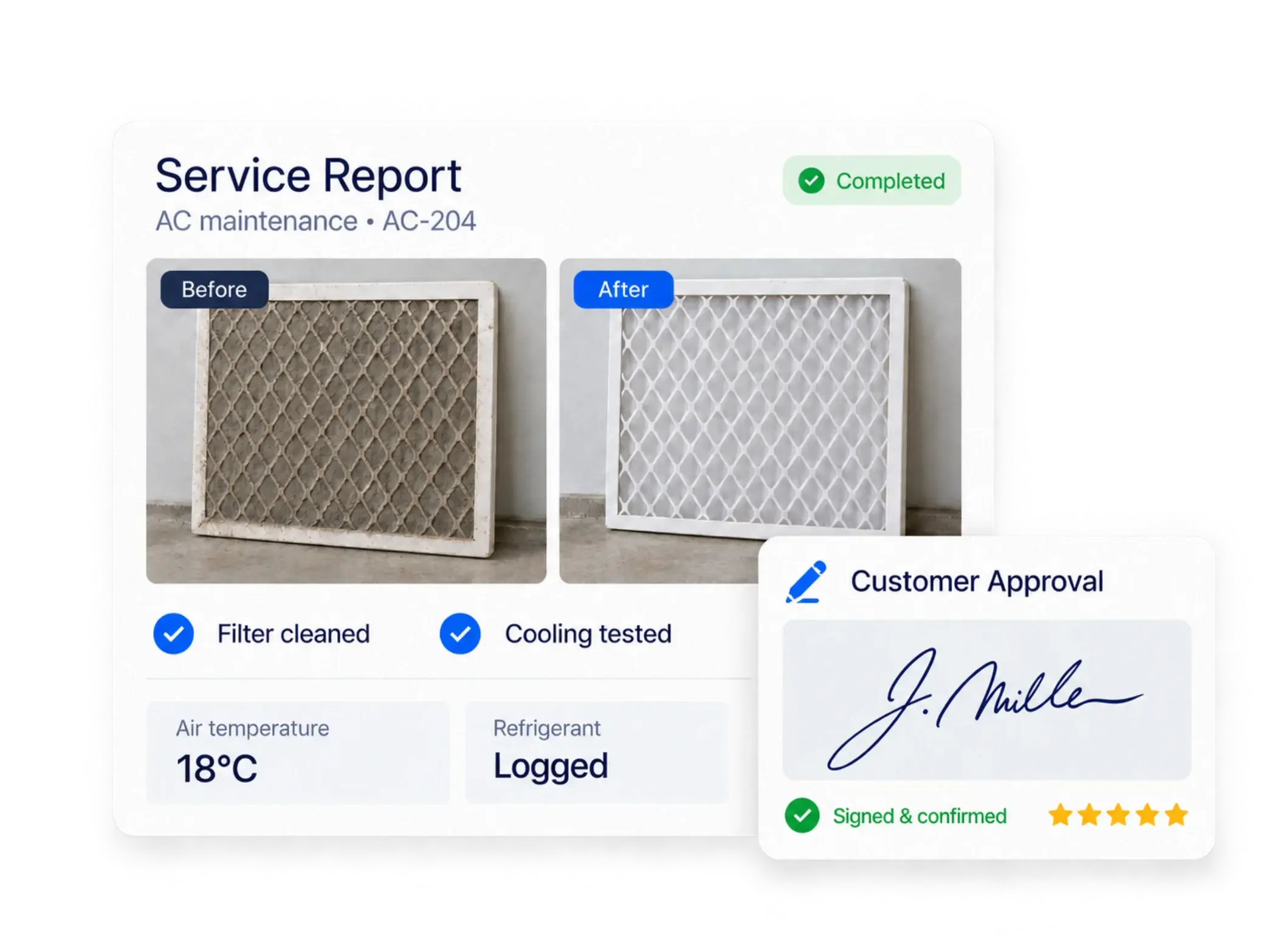 Service report with before-and-after filter photos, air temperature and refrigerant readings, and the customer's signature and rating