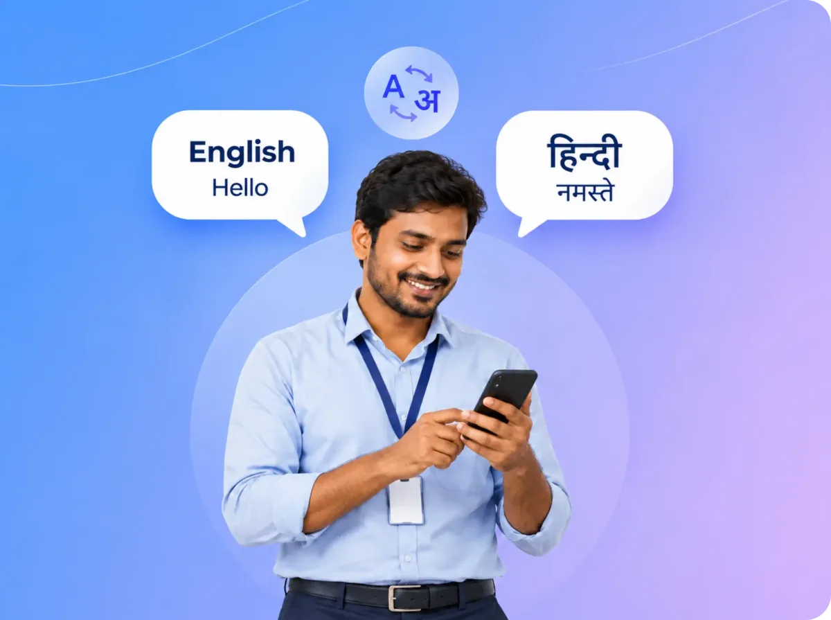 Field agent using the TrackOlap app, with English and Hindi language options shown