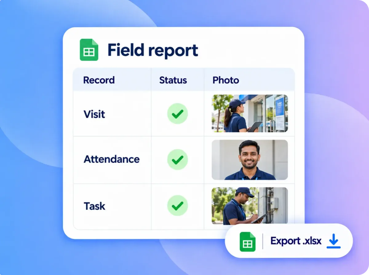 Field report export with visit, attendance and task records and the photos agents captured, ready to download as .xlsx