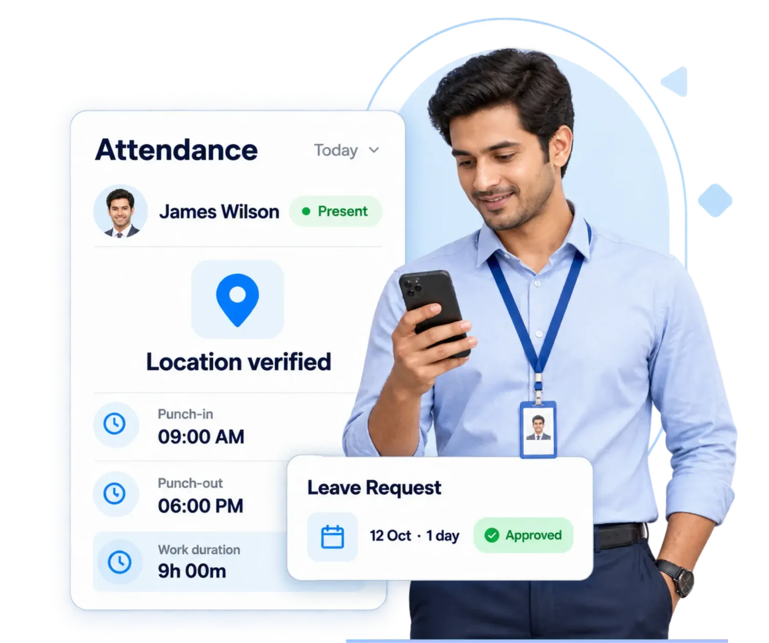 Field agent's geotagged attendance with location verified, punch-in and punch-out times, work duration and an approved leave request