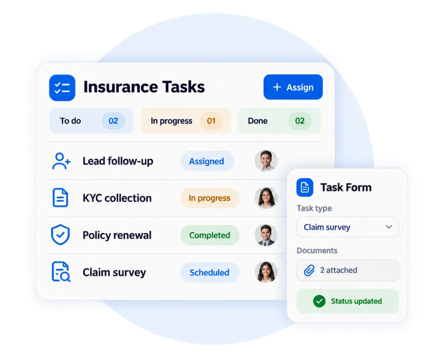 Insurance task board with lead follow-up, KYC collection, policy renewal and claim survey tasks by status, and a task form with attached documents