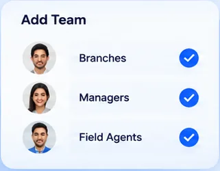 Add Team panel with branches, managers and field agents added