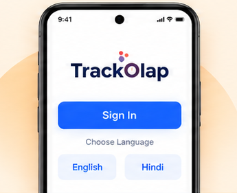TrackOlap mobile app sign-in screen with English and Hindi language options