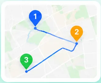Map with three numbered visits joined into an optimized route