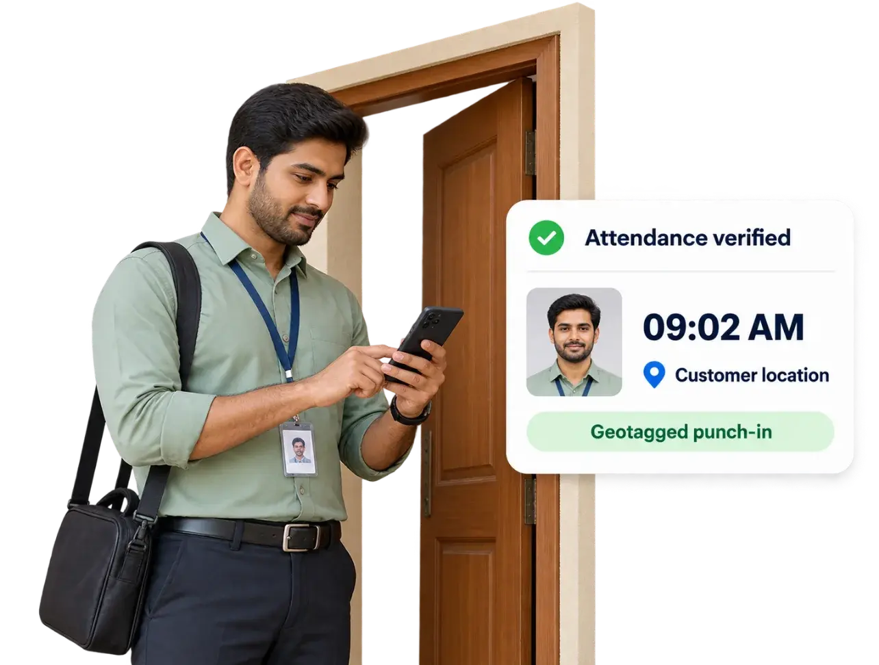 Field agent punching in on the app at a customer's door, with attendance verified by a geotagged punch-in at the customer location