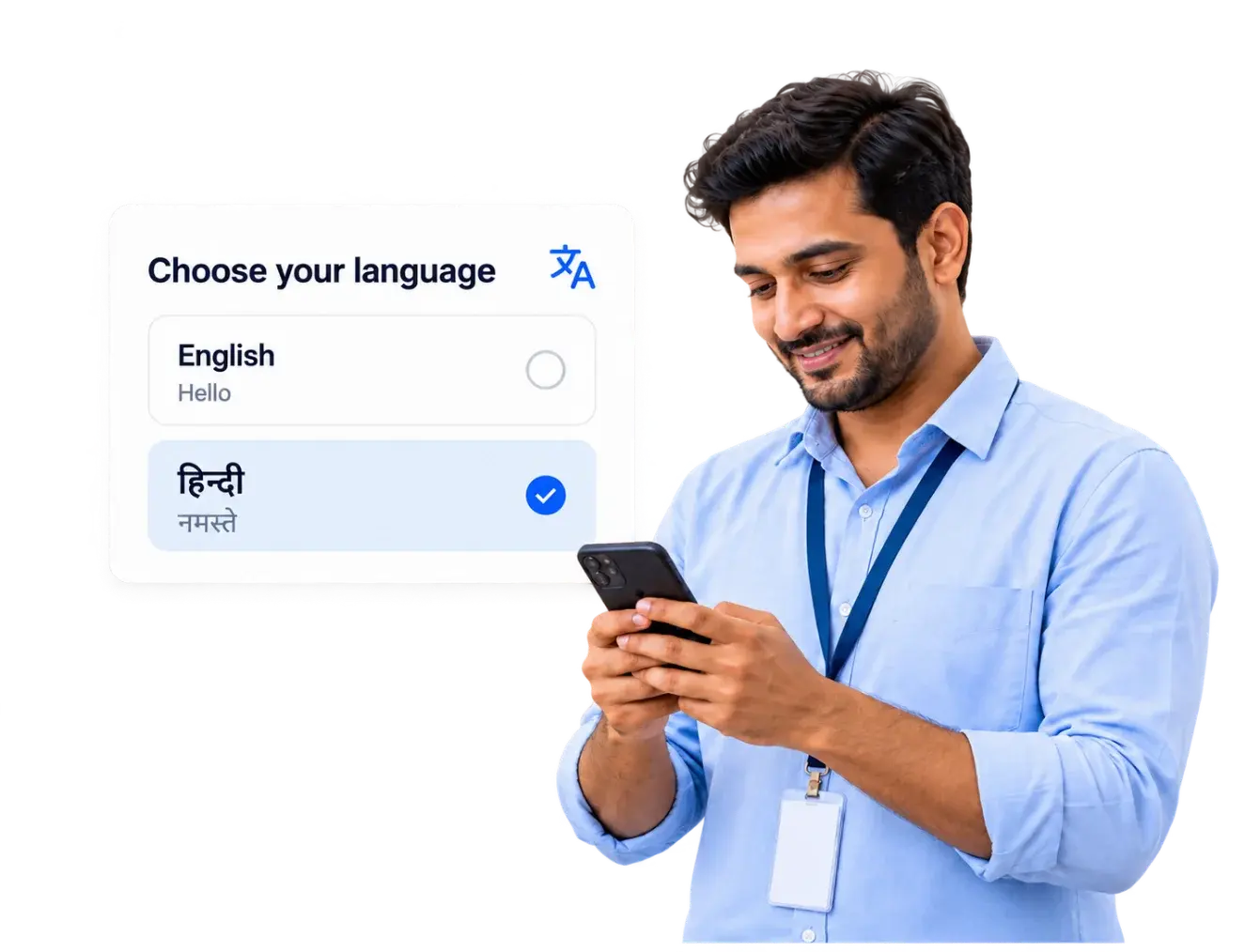 Field agent choosing Hindi or English on the TrackOlap app's language screen