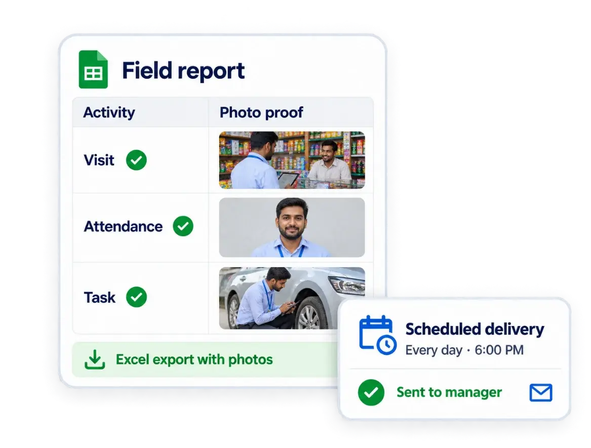 Field report with photo proof for each visit, attendance and task, exported to Excel and delivered to the manager on a daily schedule