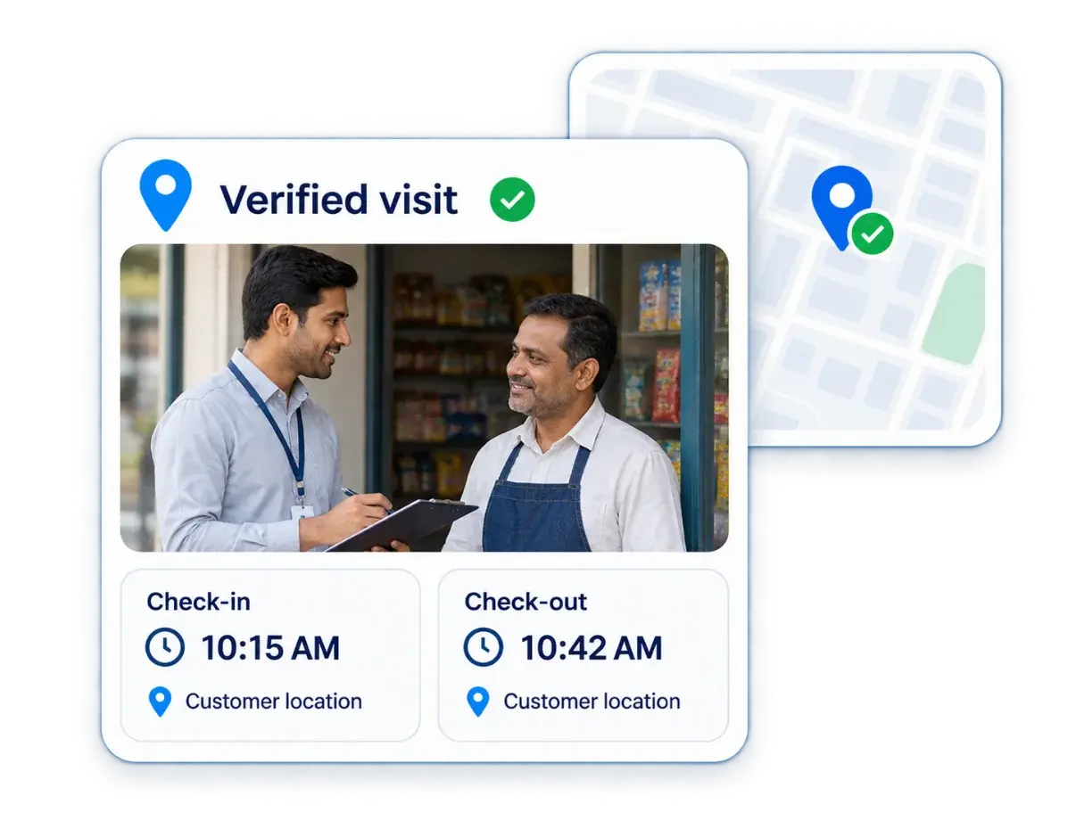 Verified customer visit with a photo of the meeting, check-in and check-out times at the customer location and the location confirmed on a map